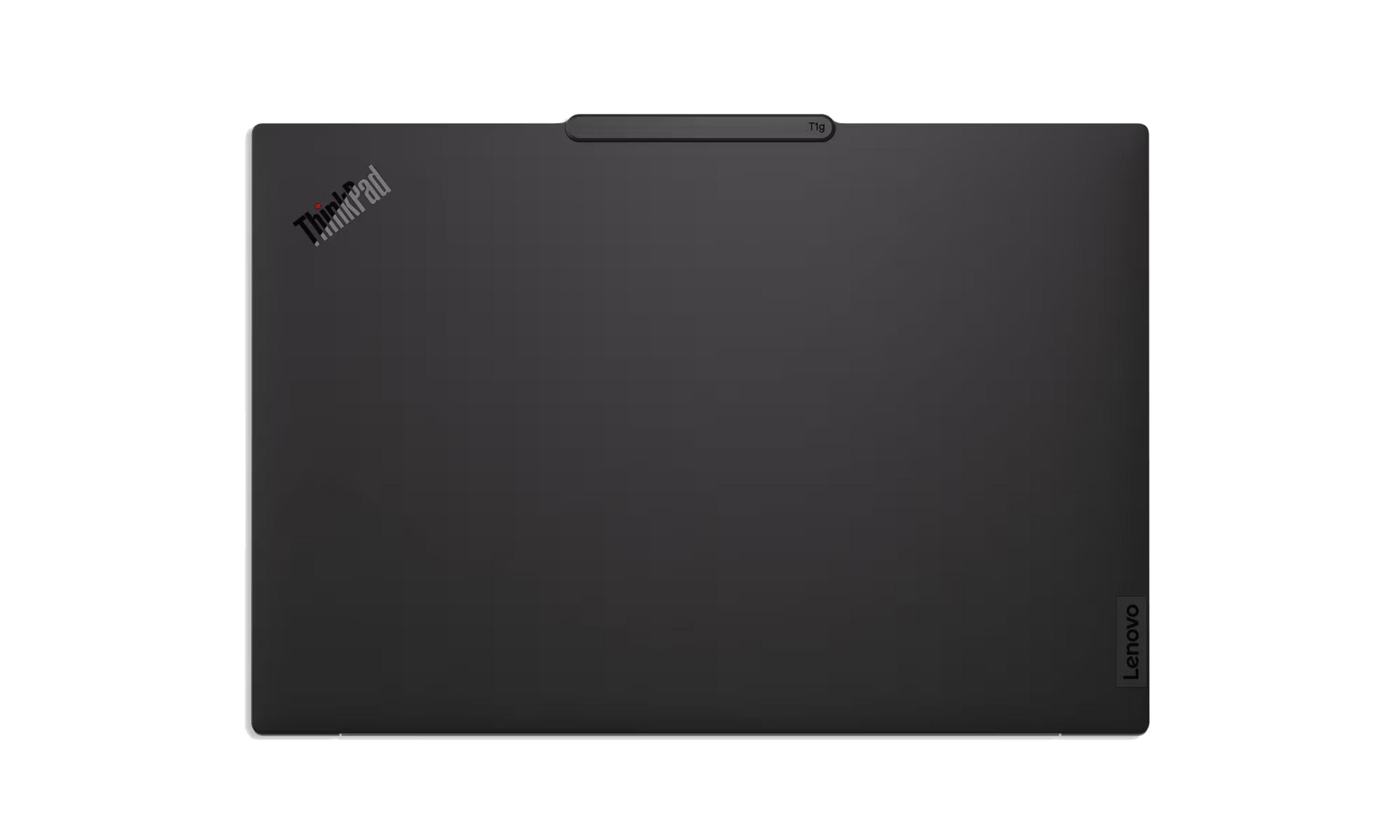 Portátil negro con logo ThinkPad arriba a la izquierda y logo Lenovo abajo.