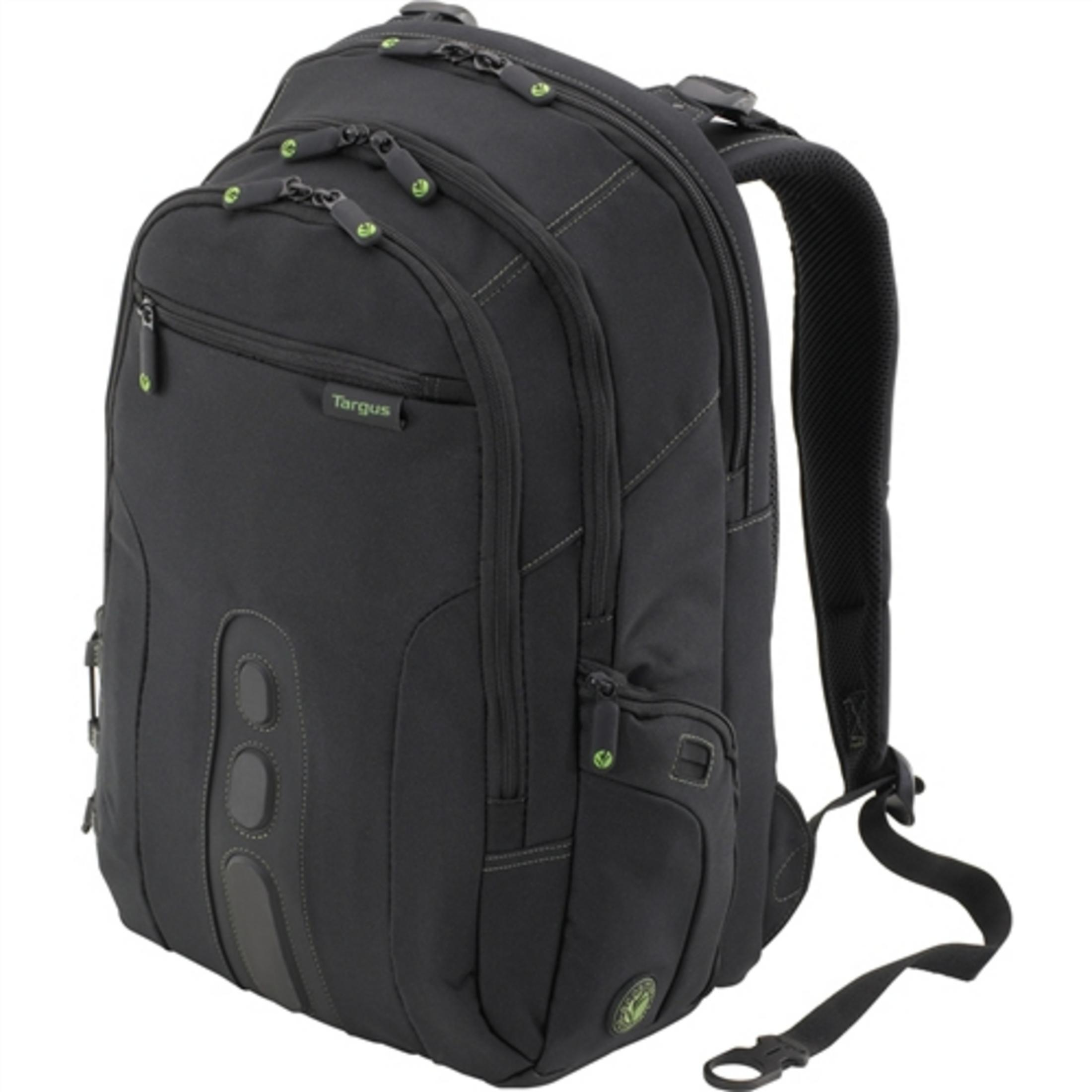 Zaino nero con accenti verdi, cerniere e logo Targus.