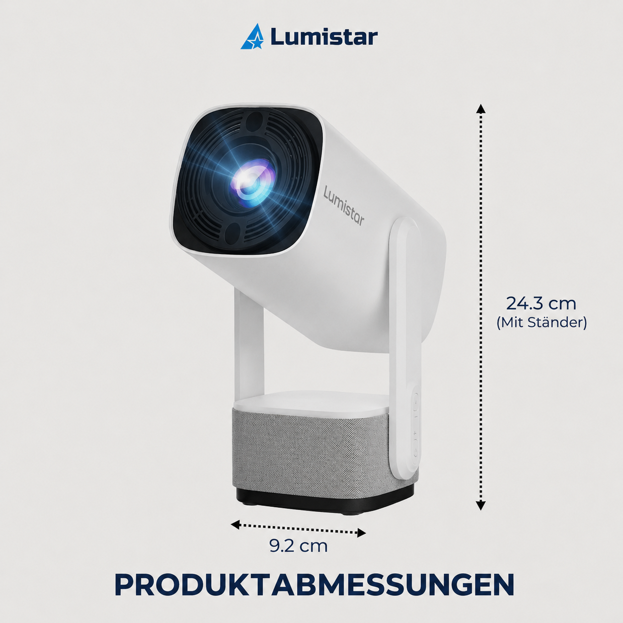 A white Lumistar projector with a speaker base and dimension markings.