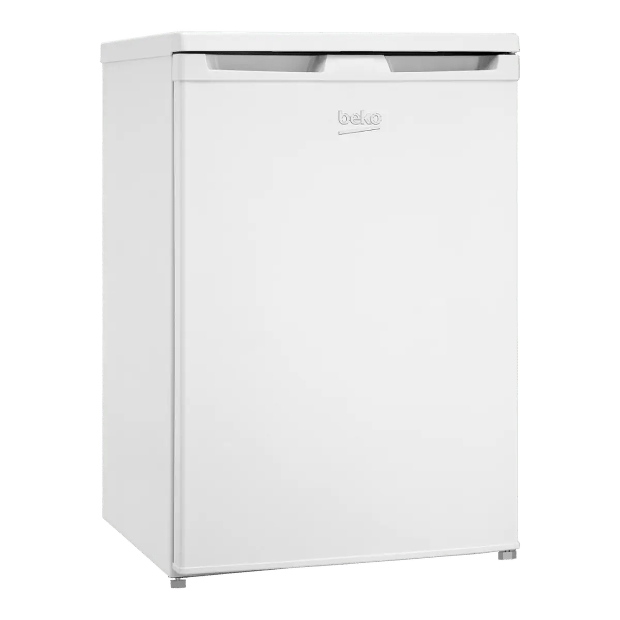 Un frigorifero bianco Beko è mostrato su sfondo nero.