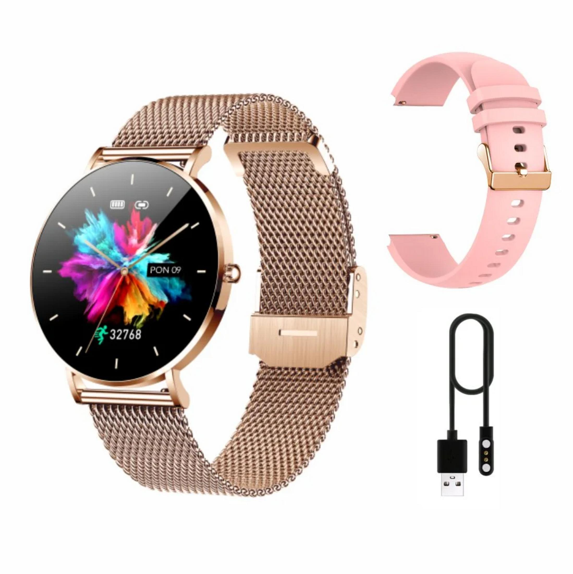 Uno smartwatch dorato con quadrante colorato, cinturino rosa e cavo di ricarica.