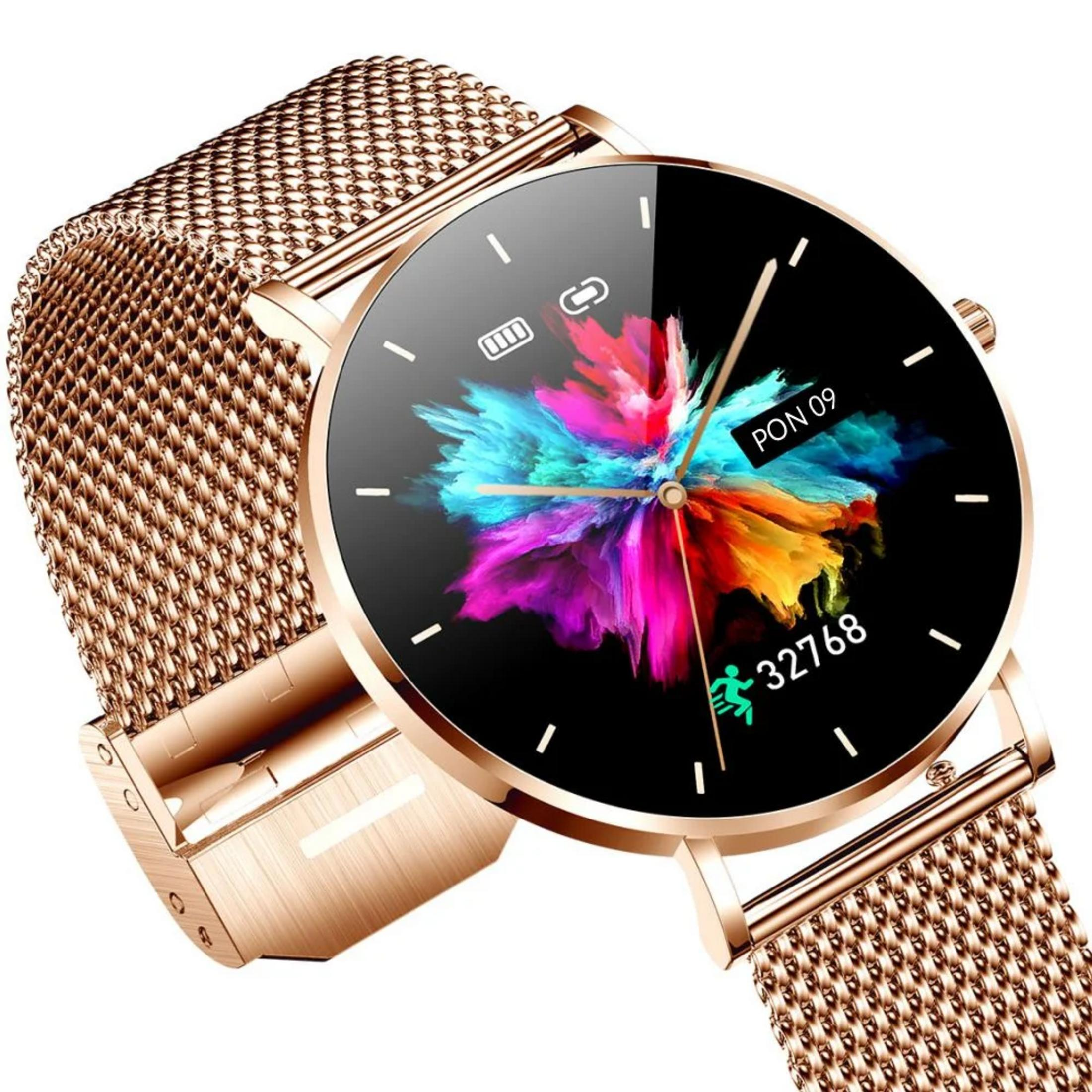 Uno smartwatch oro rosa con display colorato e cinturino in rete.