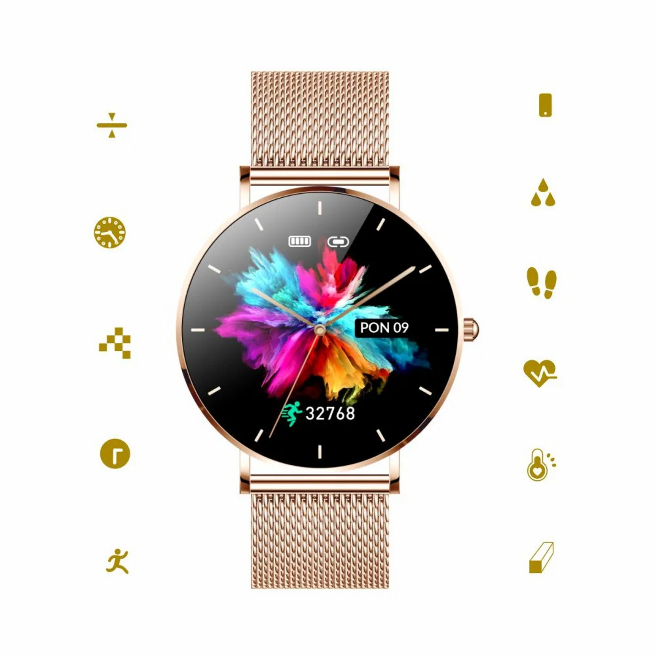 Smartwatch color oro rosa con arte astratta colorata sullo schermo. Icone lo circondano.
