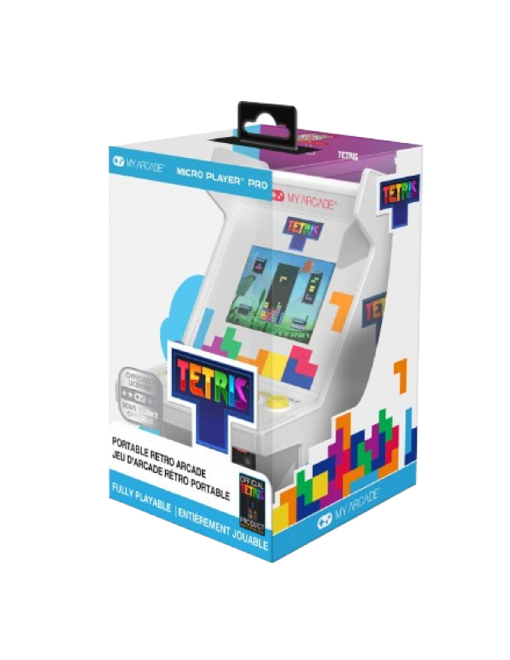 Una scatola di gioco arcade retrò portatile My Arcade Tetris con blocchi colorati.