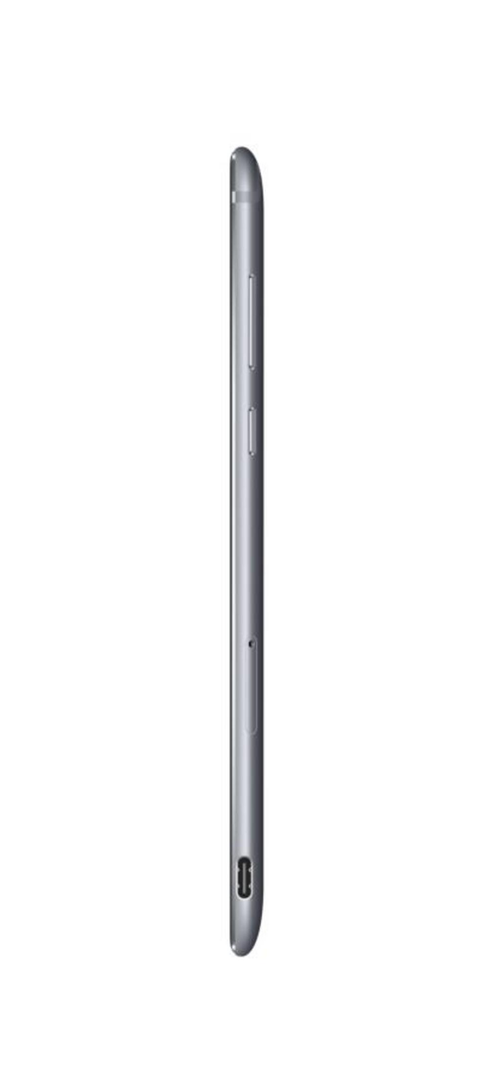 Seite eines silbernen Smartphones mit Ladeanschluss und Tasten.