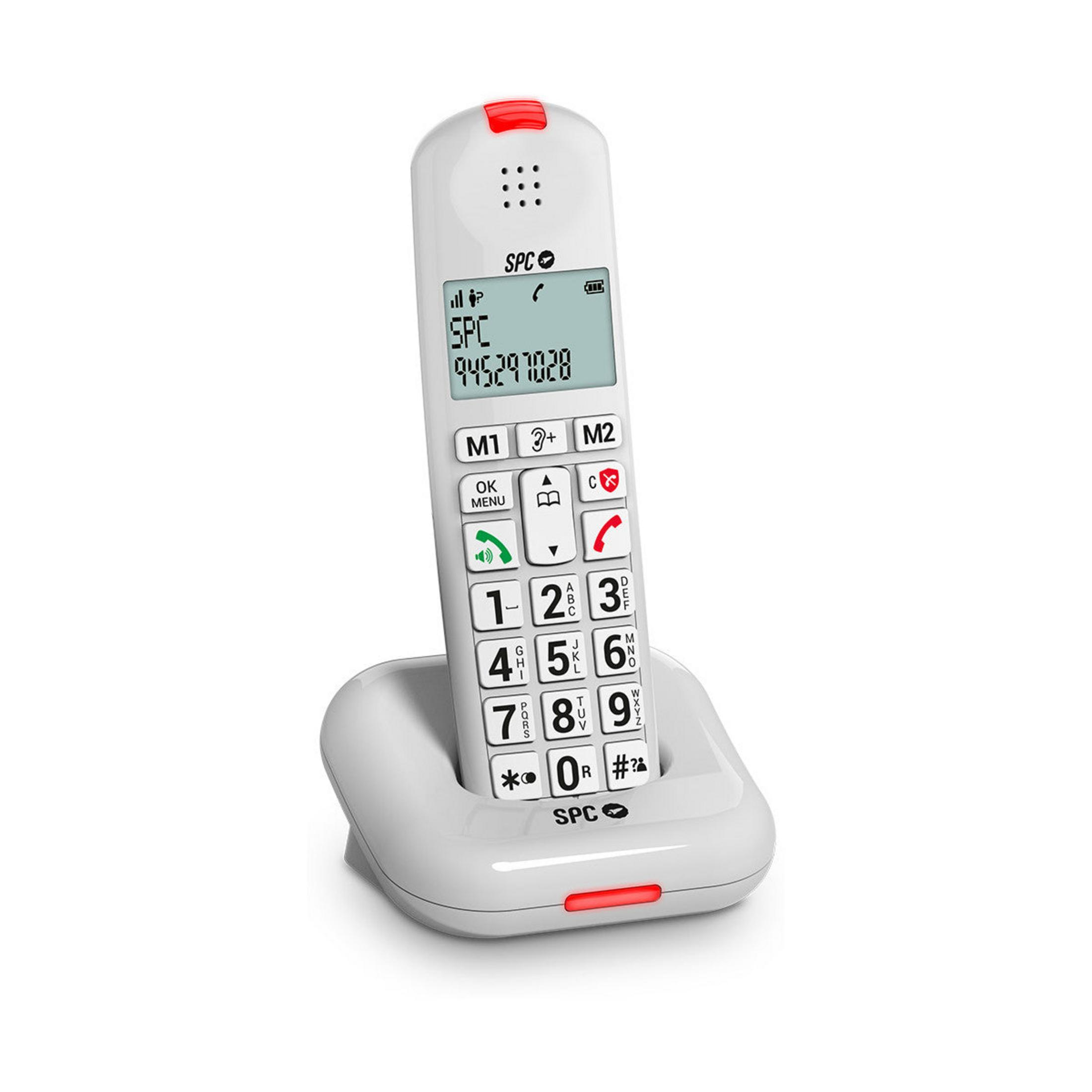 Un telefono cordless bianco con tasti grandi e un pulsante rosso illuminato sulla base.