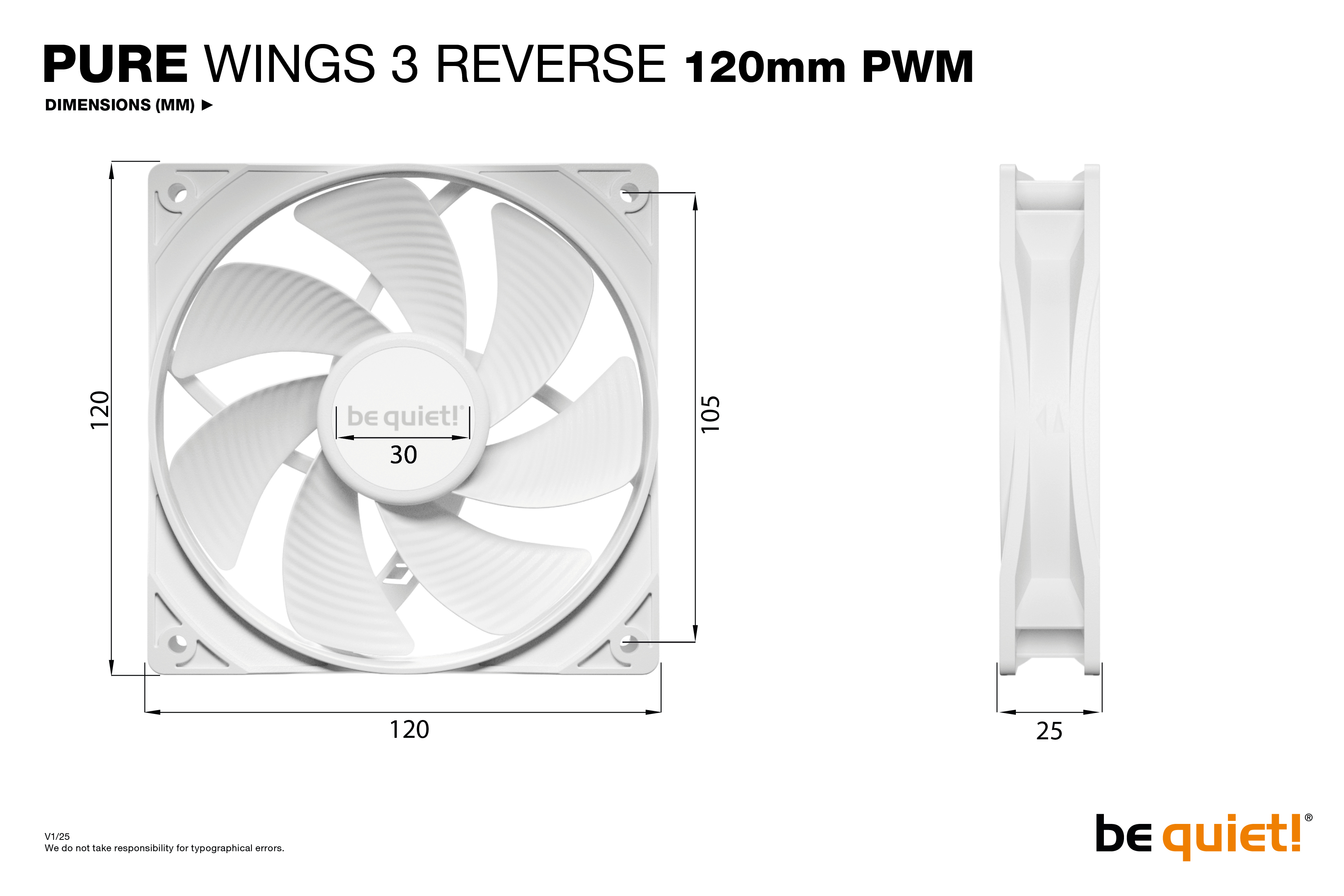 Een witte pc-ventilator met 7 bladen, afmetingen 120x120x25mm.