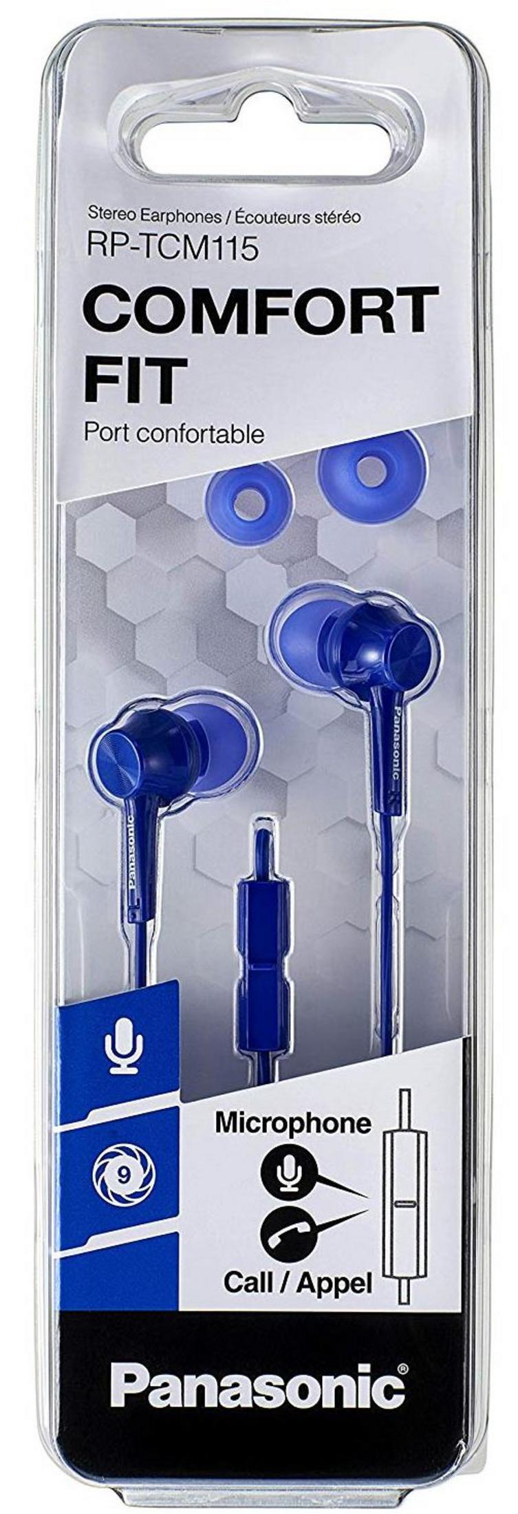 Auricolari intrauricolari Panasonic blu con microfono in confezione.