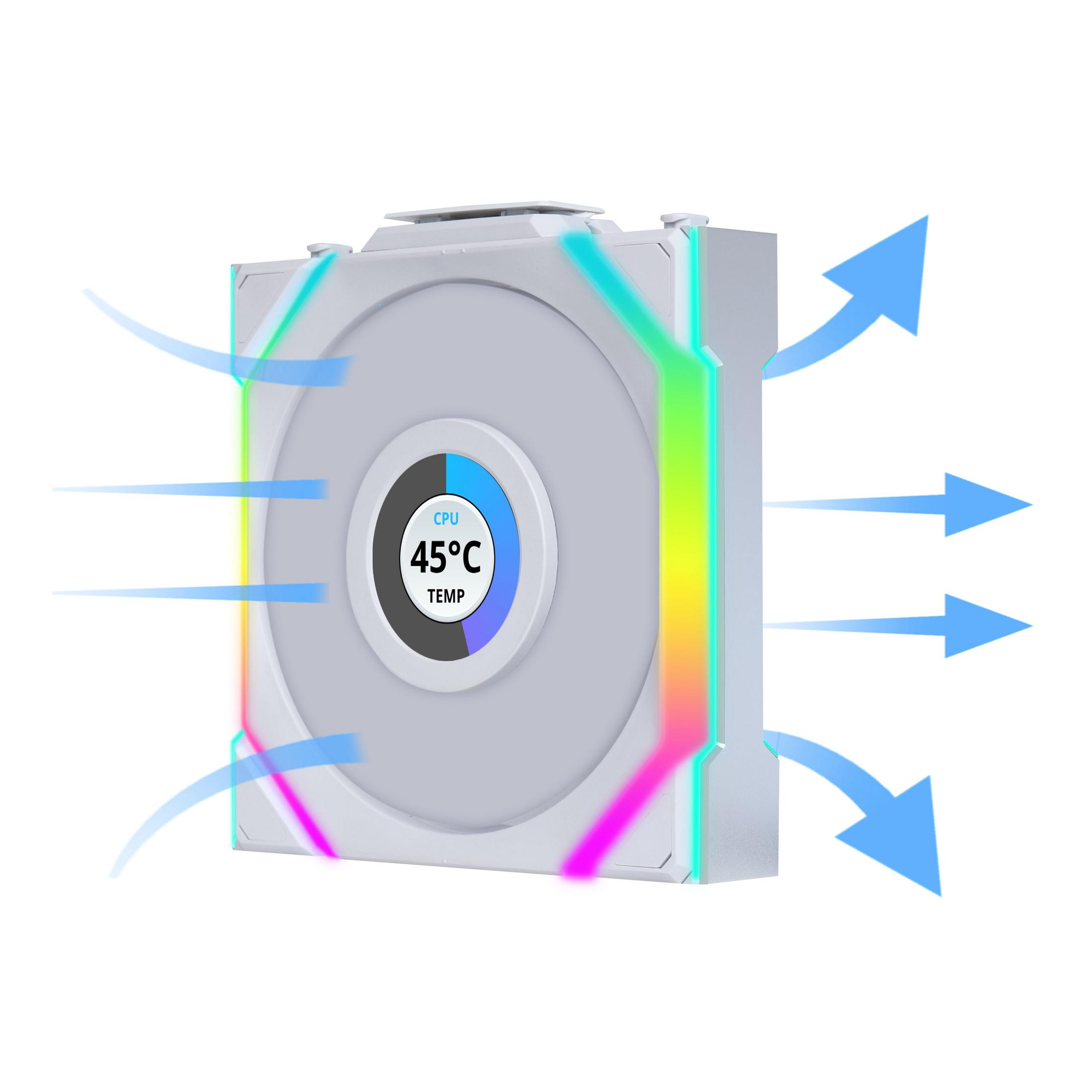 A white computer fan with RGB lighting displays CPU temp 45°C. Blue arrows show airflow.