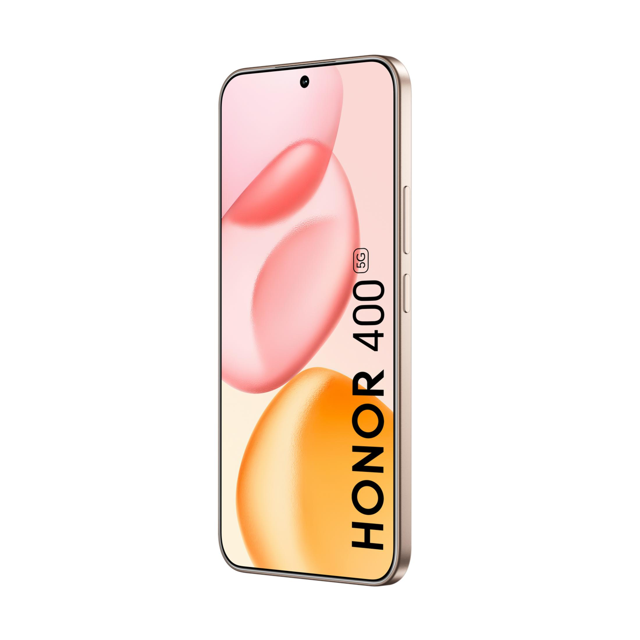 Uno smartphone Honor 400 5G dorato con sfondo astratto.
