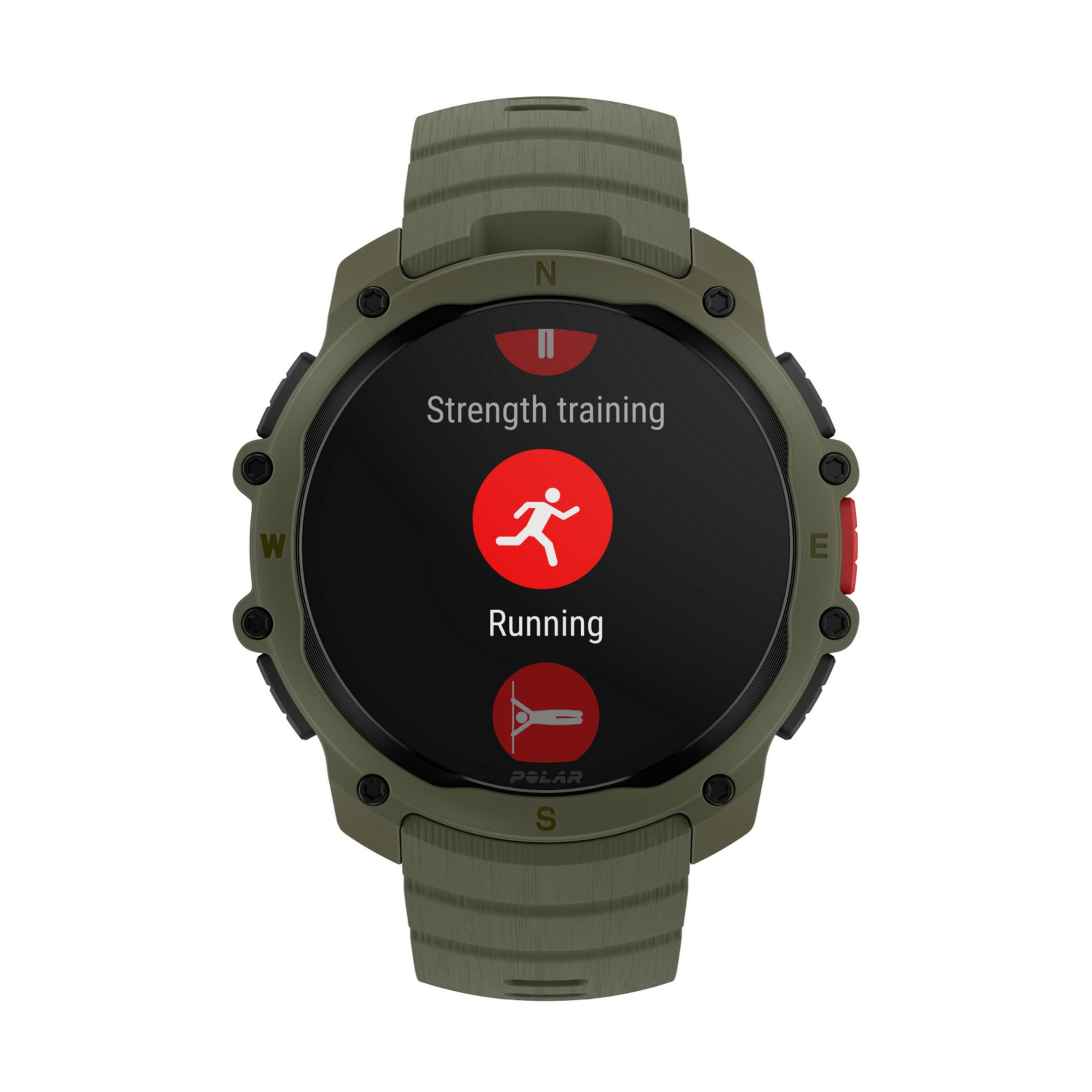 Orologio smart verde con opzioni di corsa e allenamento di forza sullo schermo.