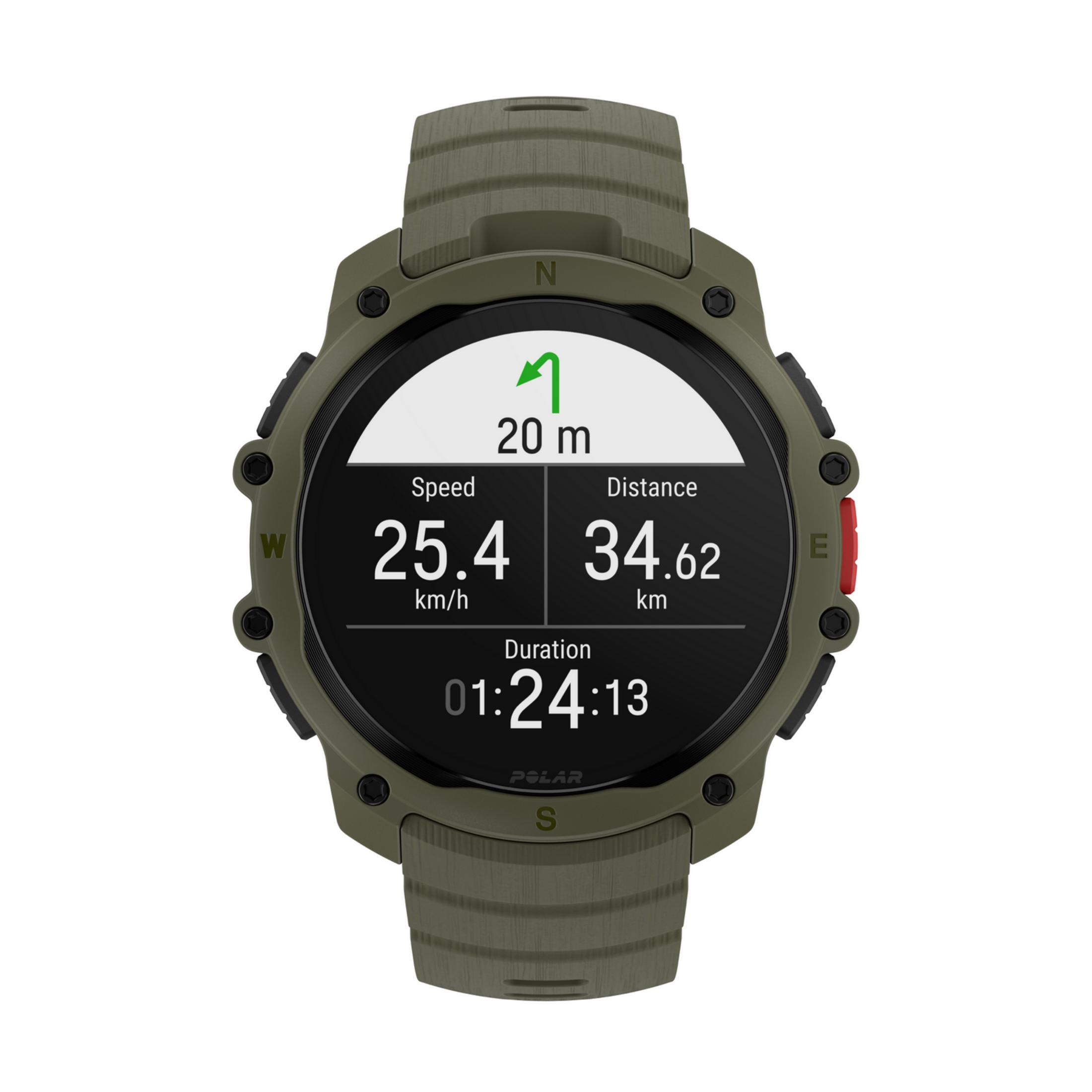 Smartwatch verde con freccia di navigazione, 20m, 25.4 km/h velocità, 34.62 km distanza, 01:24:13 durata.