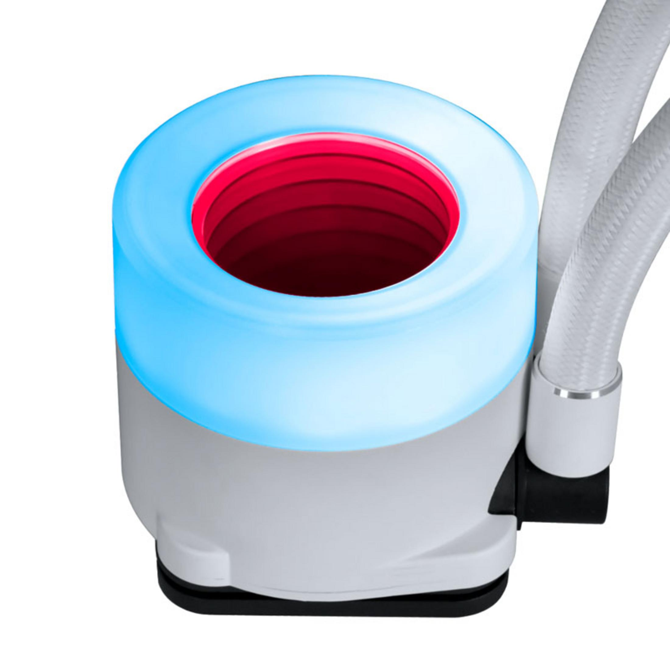 Ein weißer CPU-Kühler mit blau beleuchtetem Ring und roten Ringen im Inneren.