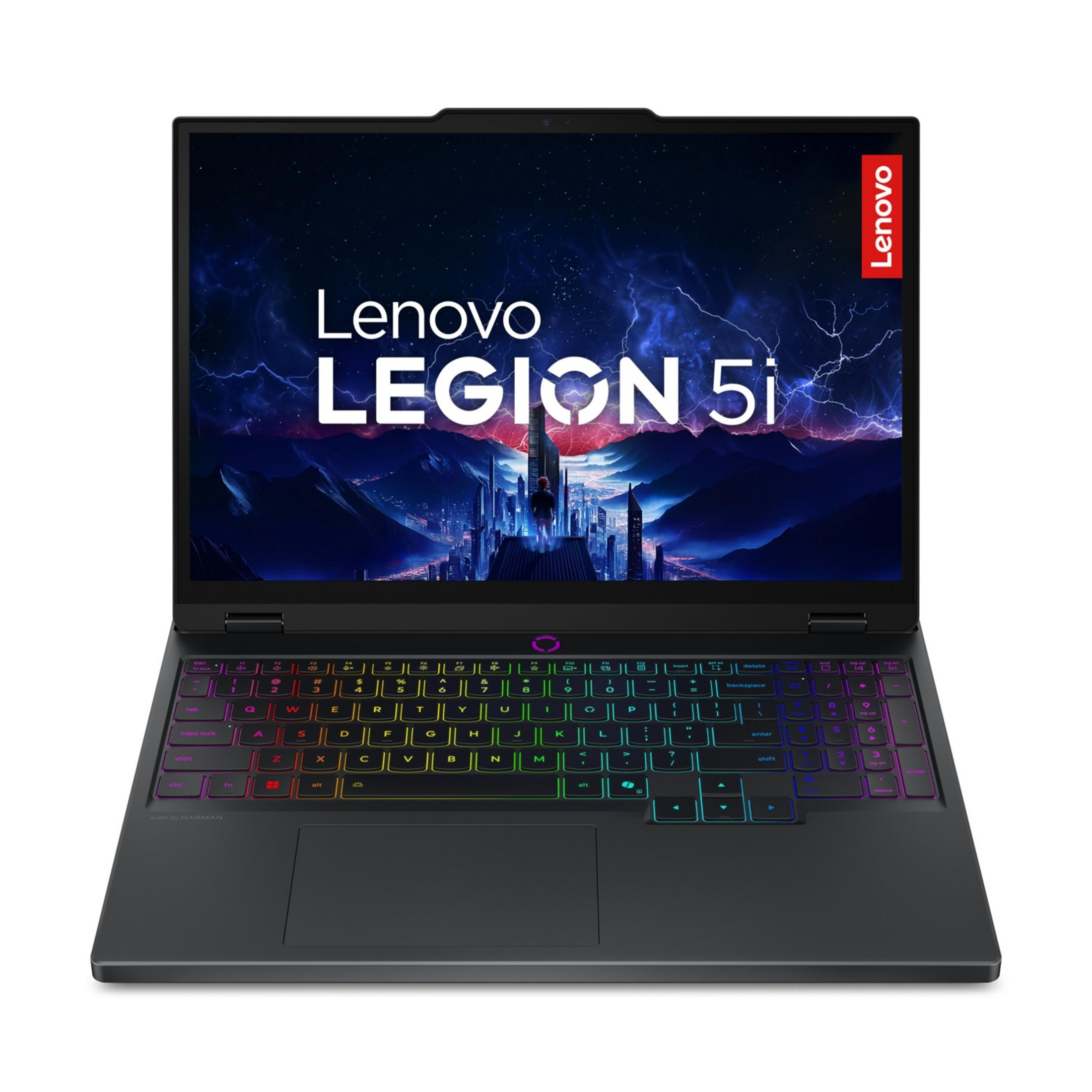 Un laptop Lenovo Legion 5i con tastiera retroilluminata e sfondo futuristico.