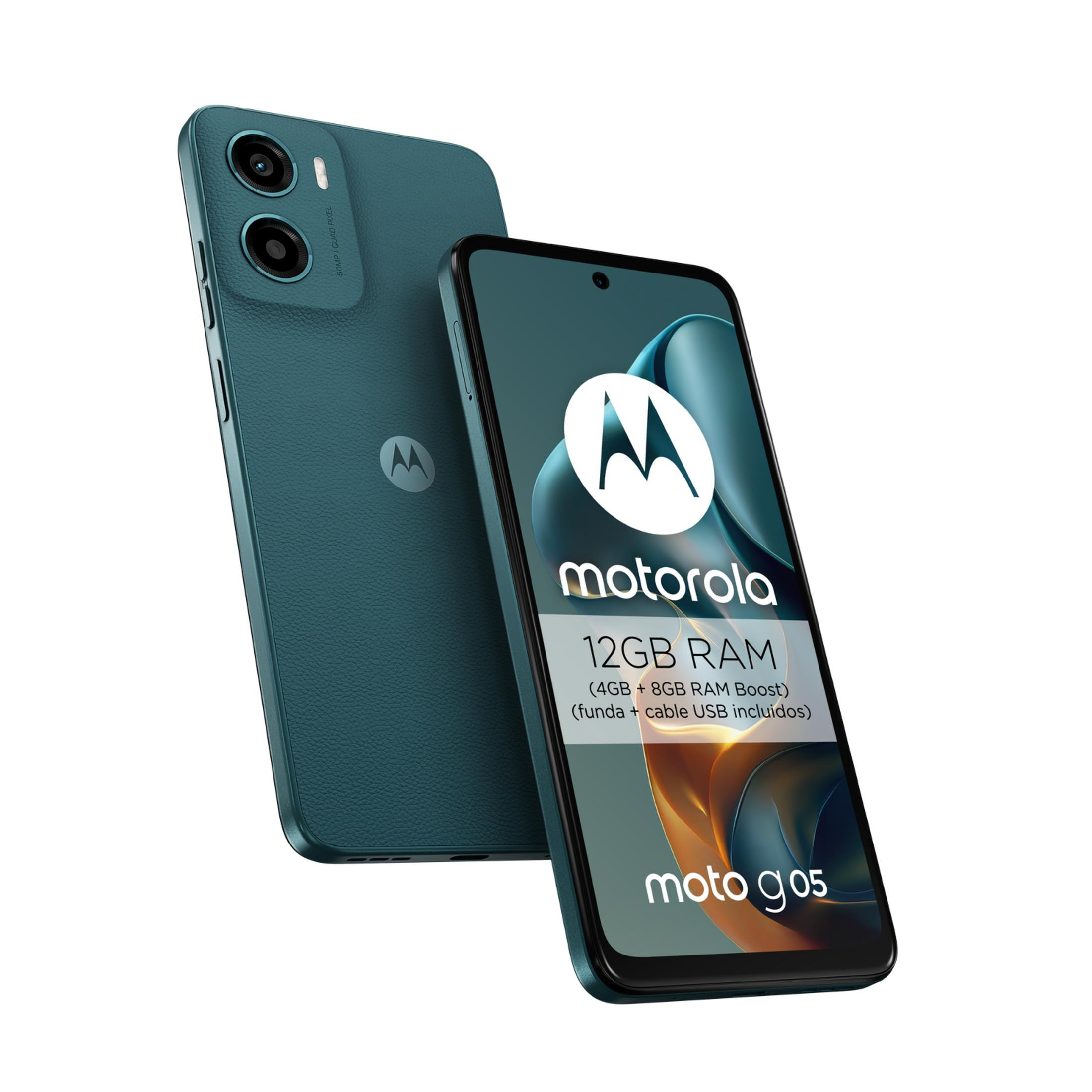 Ein türkisfarbener Motorola Moto G05 mit 12 GB RAM wird gezeigt.