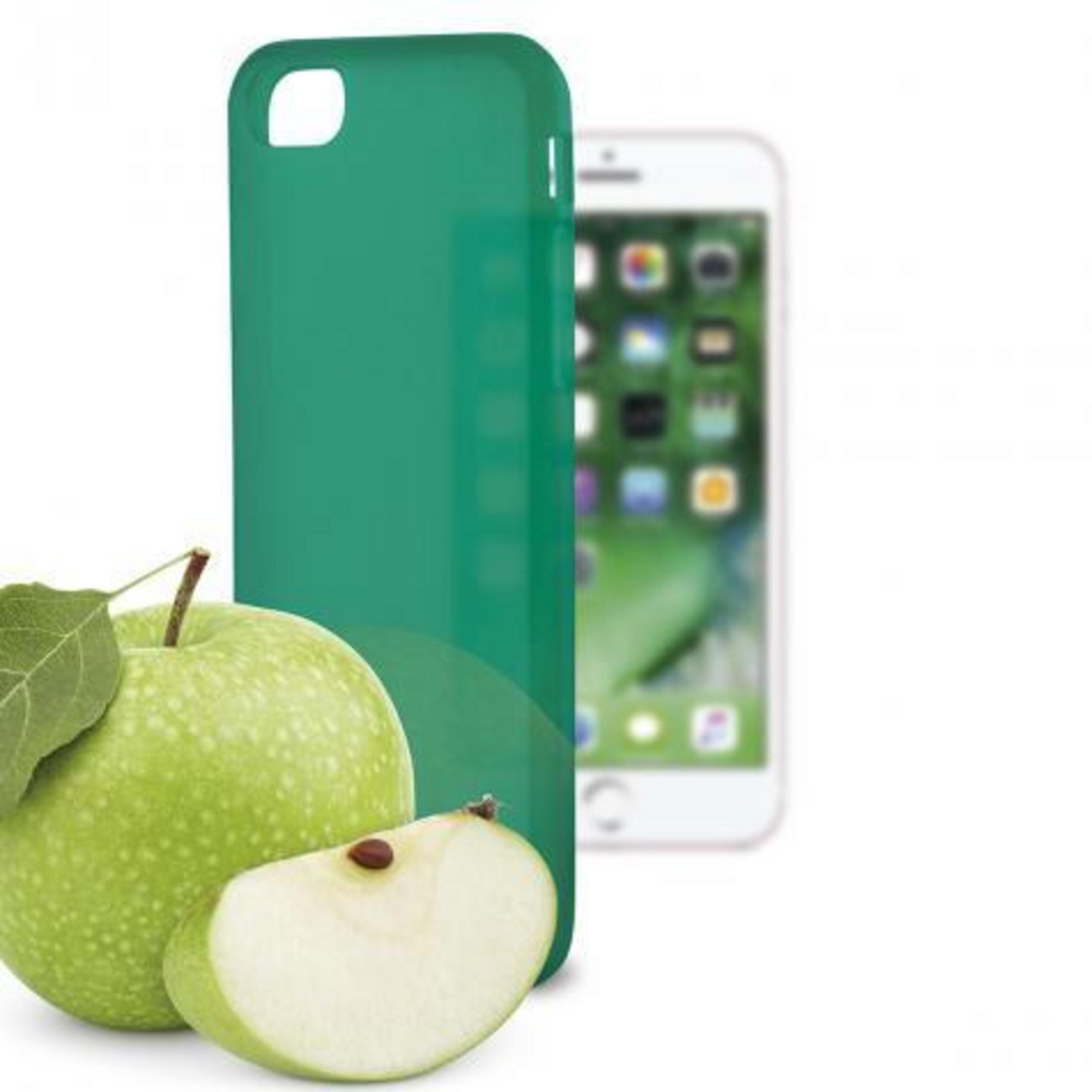 Custodia verde per telefono accanto a una mela e una fetta.