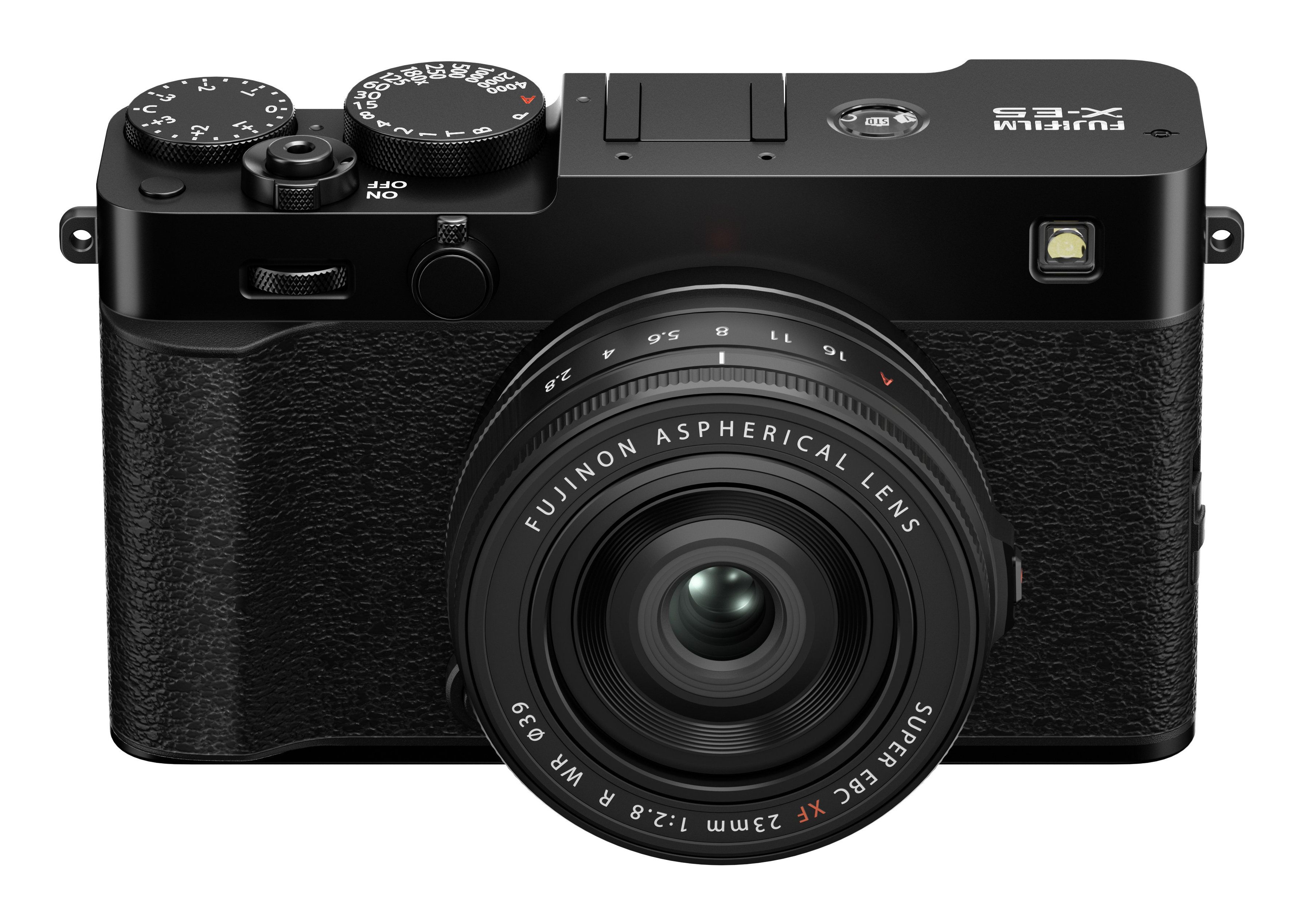 Schwarze Fujifilm X-ES Kamera mit Objektiv. Details: Rändel, Knöpfe, Blitzschuh.