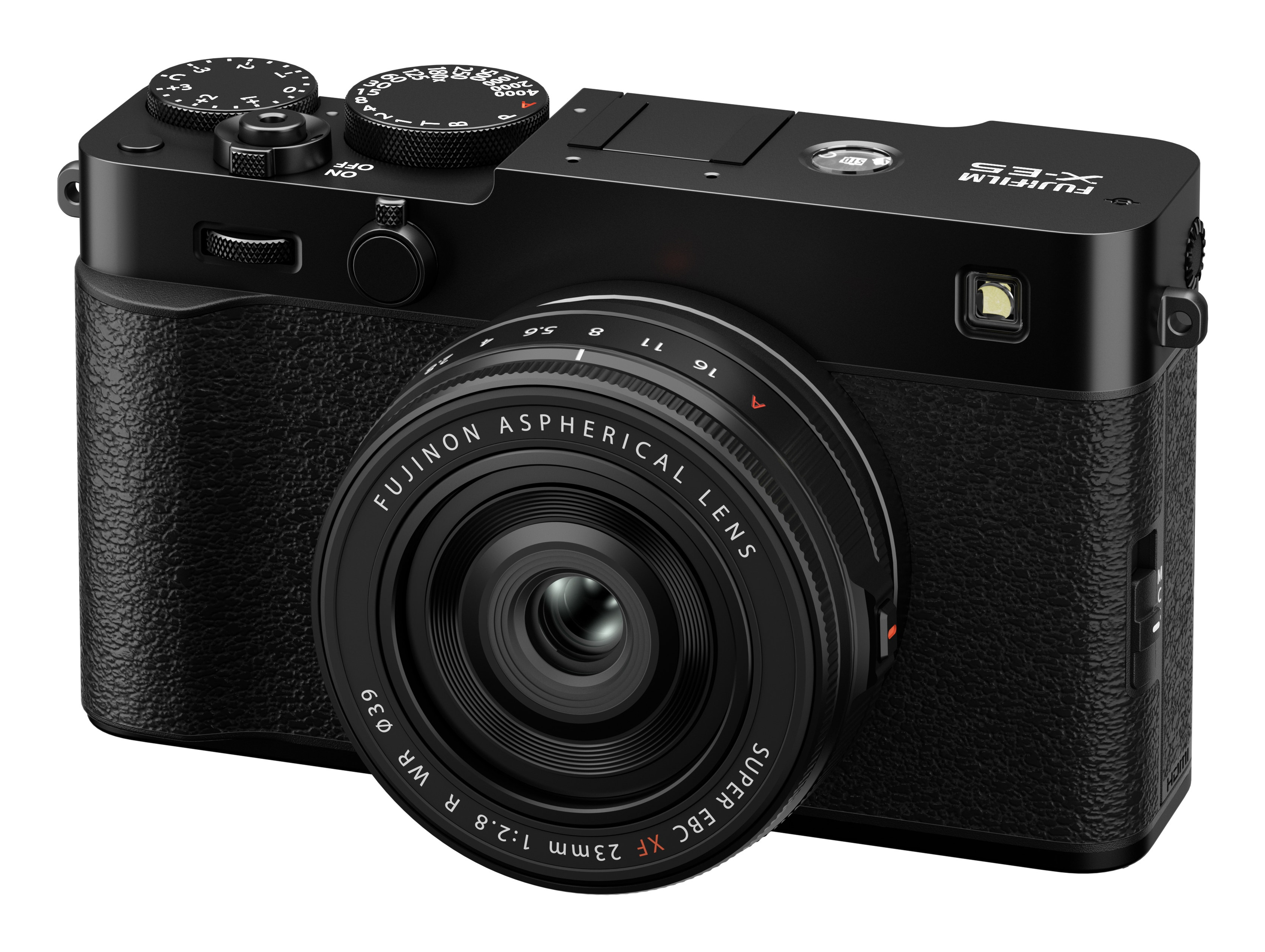 Schwarze Fujifilm X-E3 Kamera mit Objektiv, Nahaufnahme der Bedienelemente.