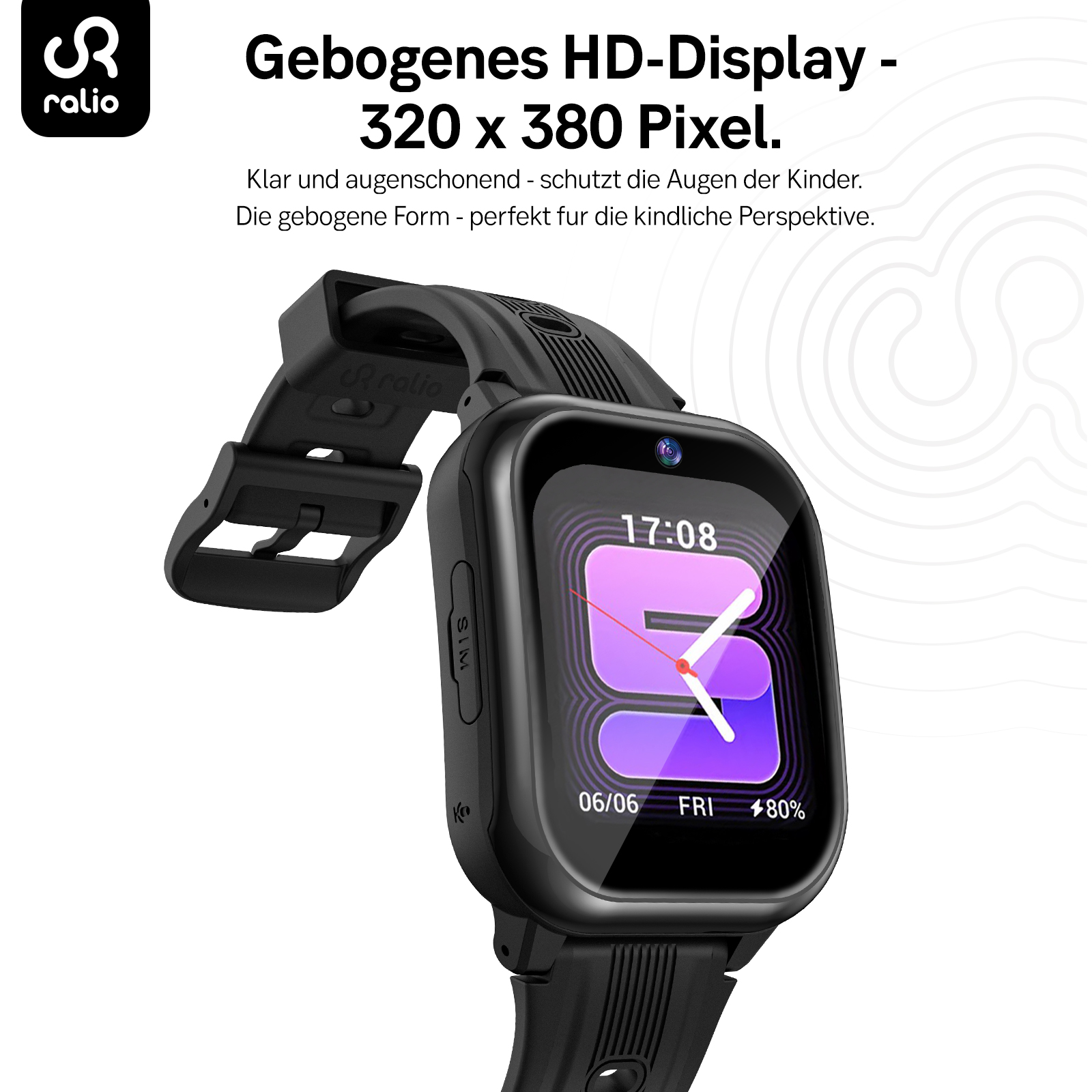 Eine schwarze Smartwatch mit gebogenem HD-Display zeigt 17:08.