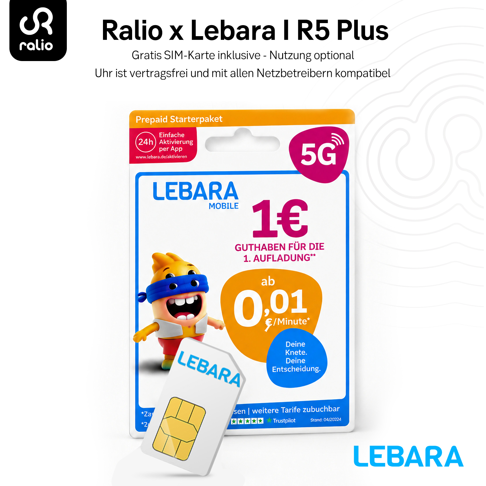 Lebara Prepaid Starterpaket mit 5G, 1€ Guthaben für die 1. Aufladung, ab 0,01€/Minute.