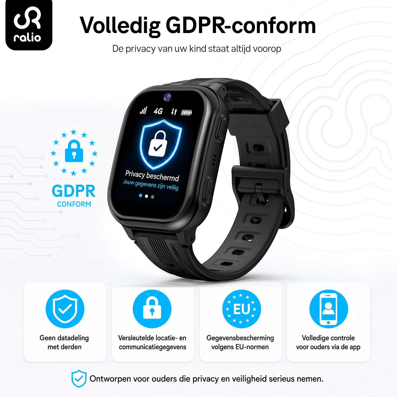 Schwarze Smartwatch mit GDPR-Konform-Logo und Symbolen für Datenschutz.