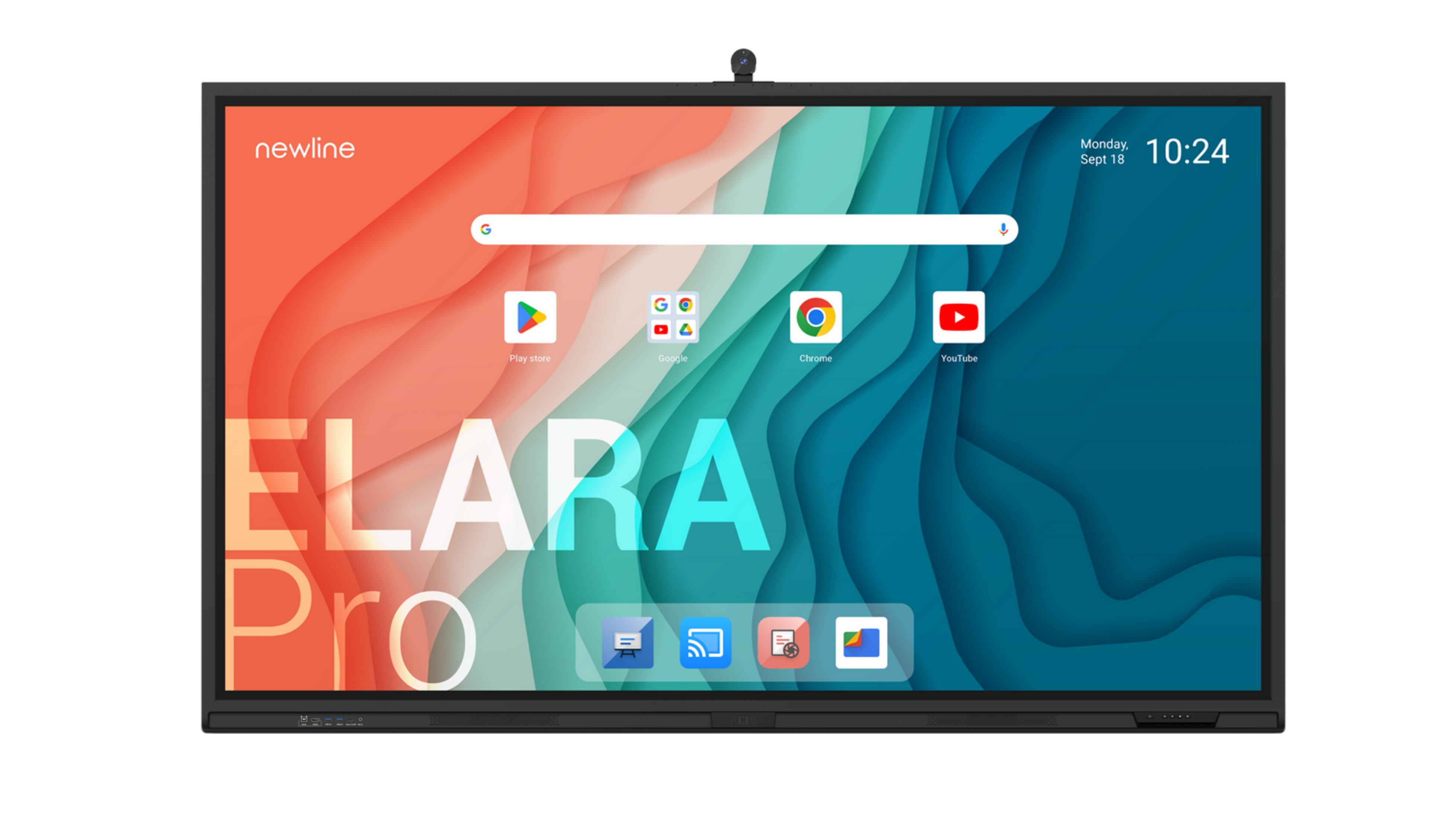 Una pantalla Newline muestra una interfaz de Android con aplicaciones y la hora.