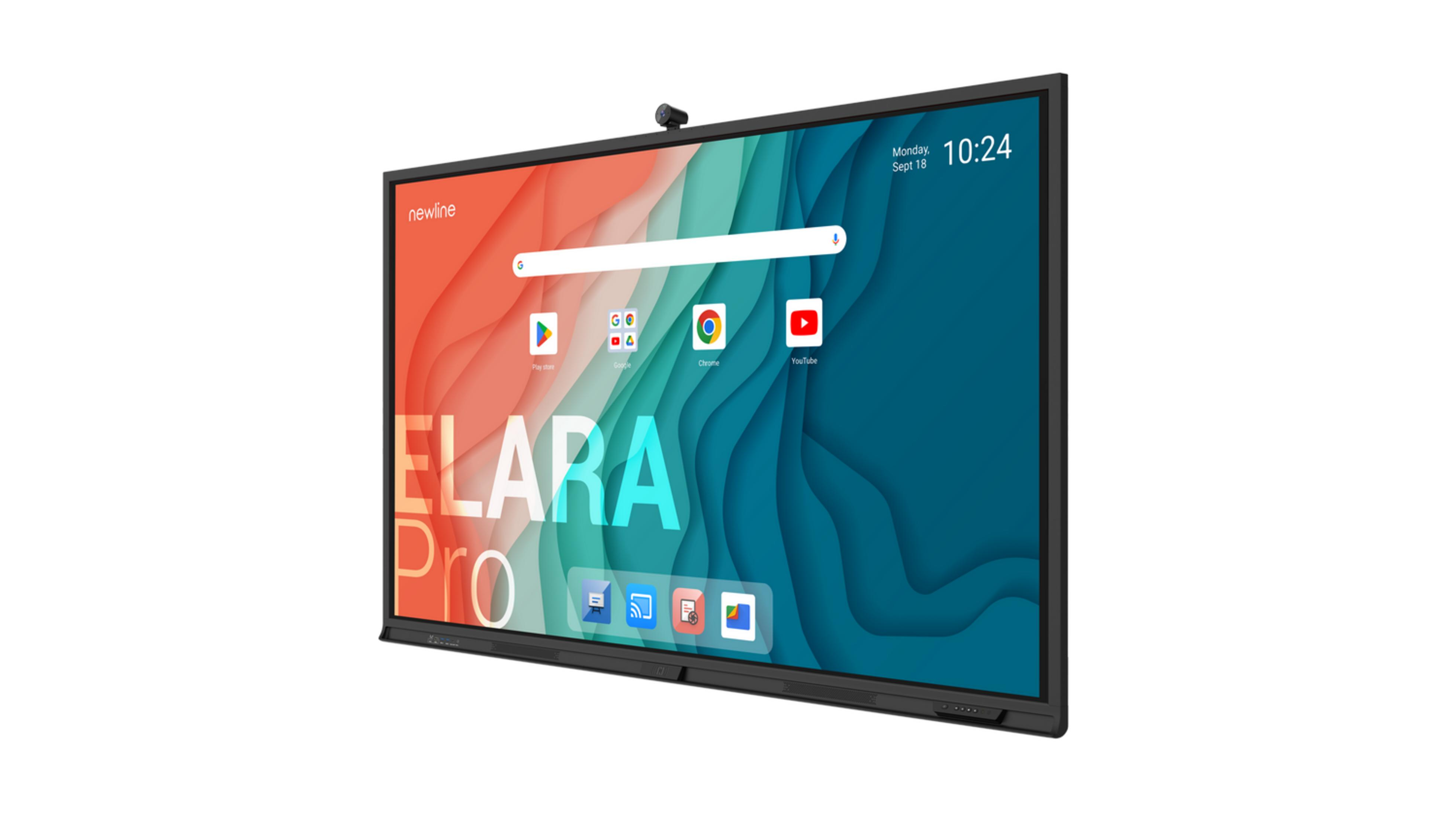 Una pantalla interactiva con apps como Google, Chrome y YouTube. Fecha y hora visibles.