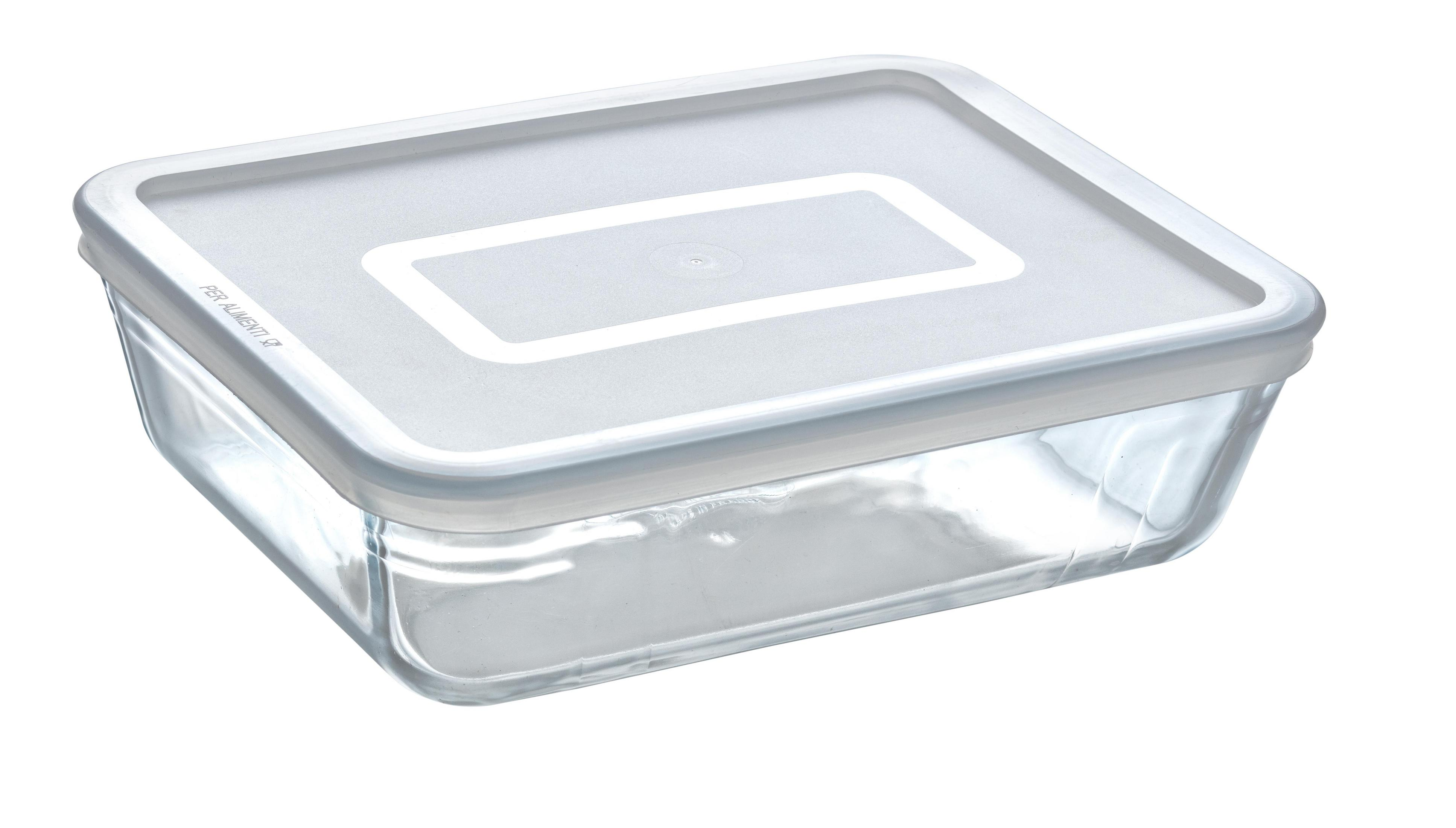Un contenitore quadrato in vetro per alimenti con coperchio bianco, isolato su sfondo bianco.