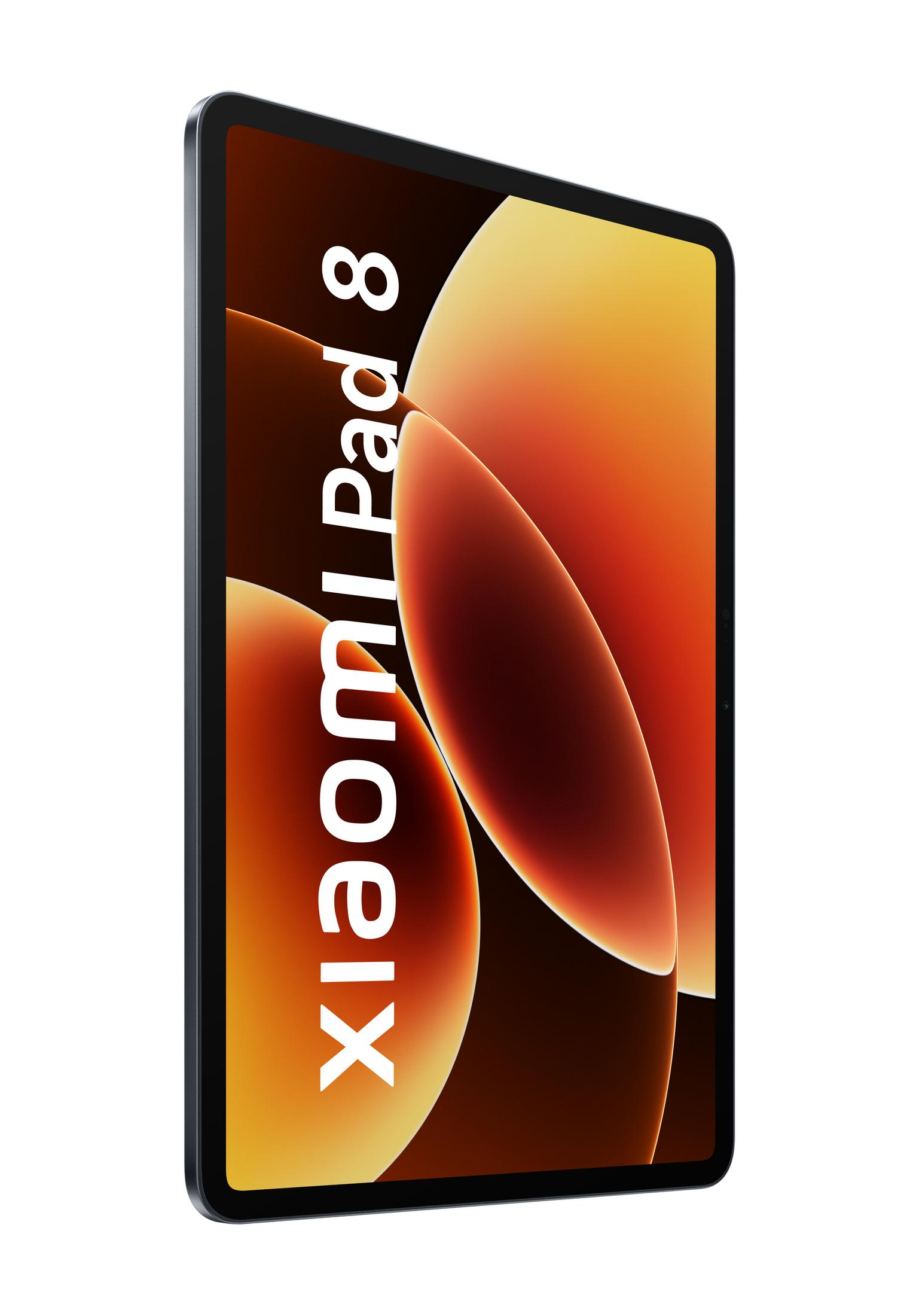 Un tablet Xiaomi Pad 8 con sfondo giallo-arancio.