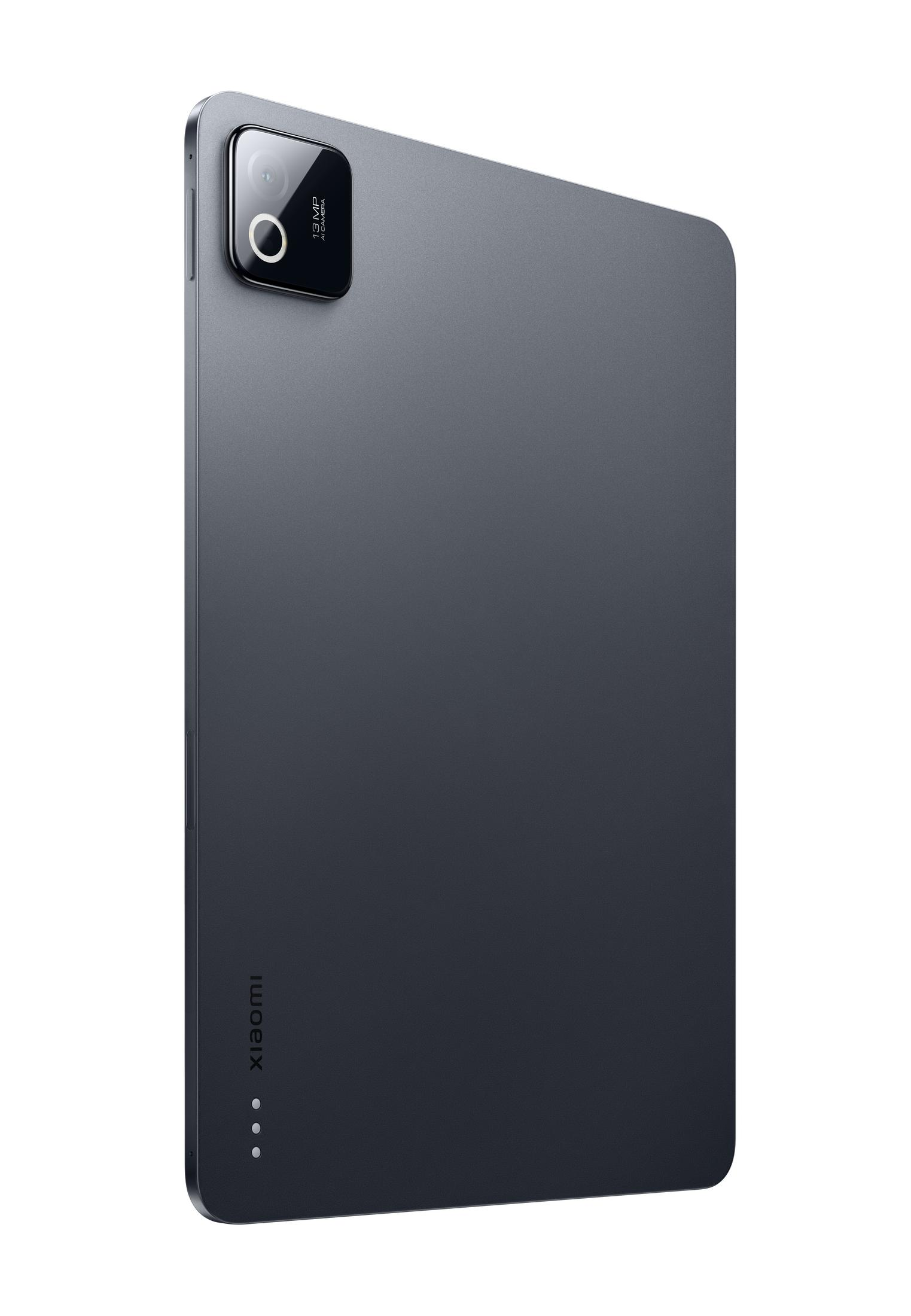 Tablet grigio scuro con fotocamera AI da 13MP e logo Xiaomi su sfondo bianco.