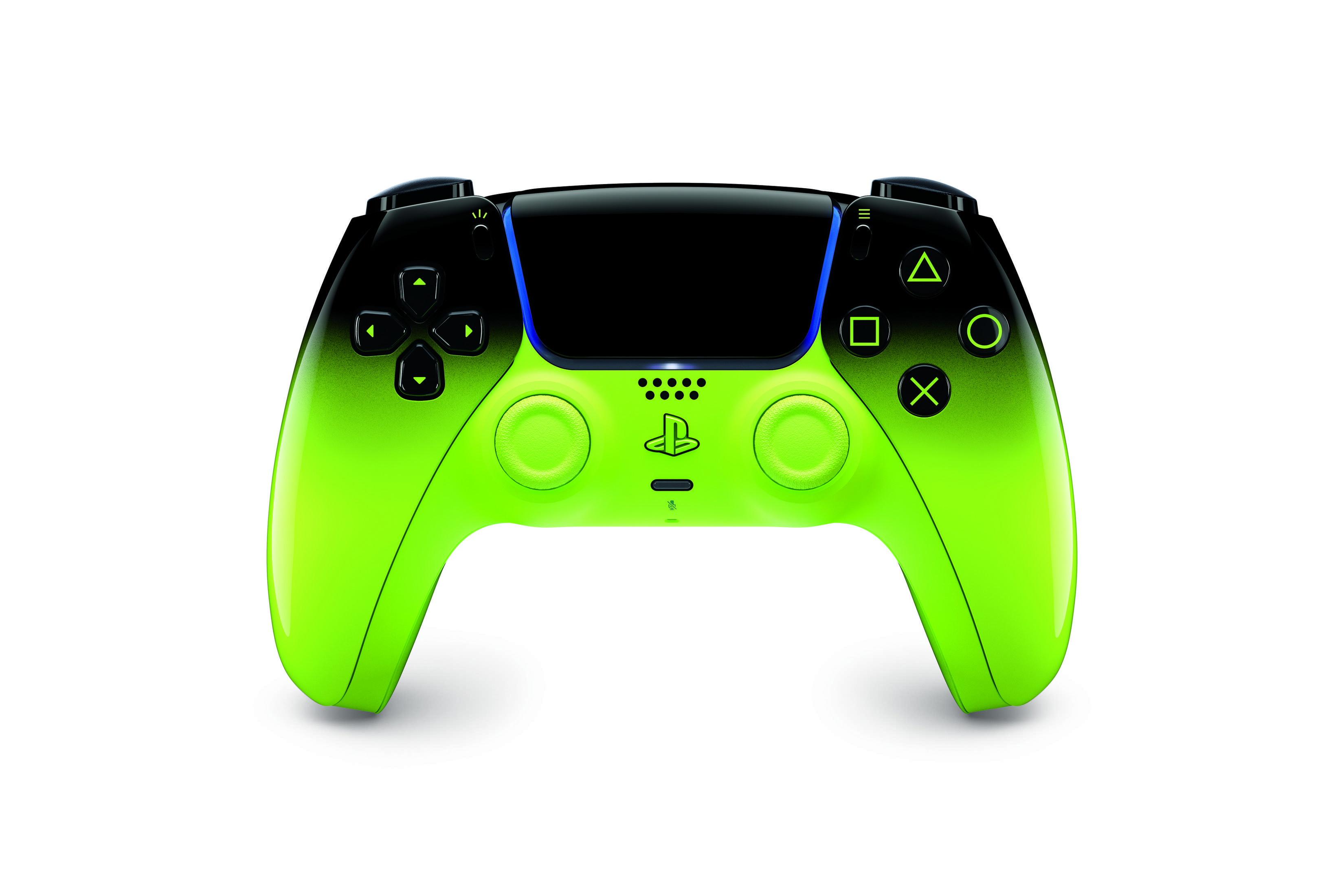 Un controller nero e verde con pulsanti di gioco e joystick.