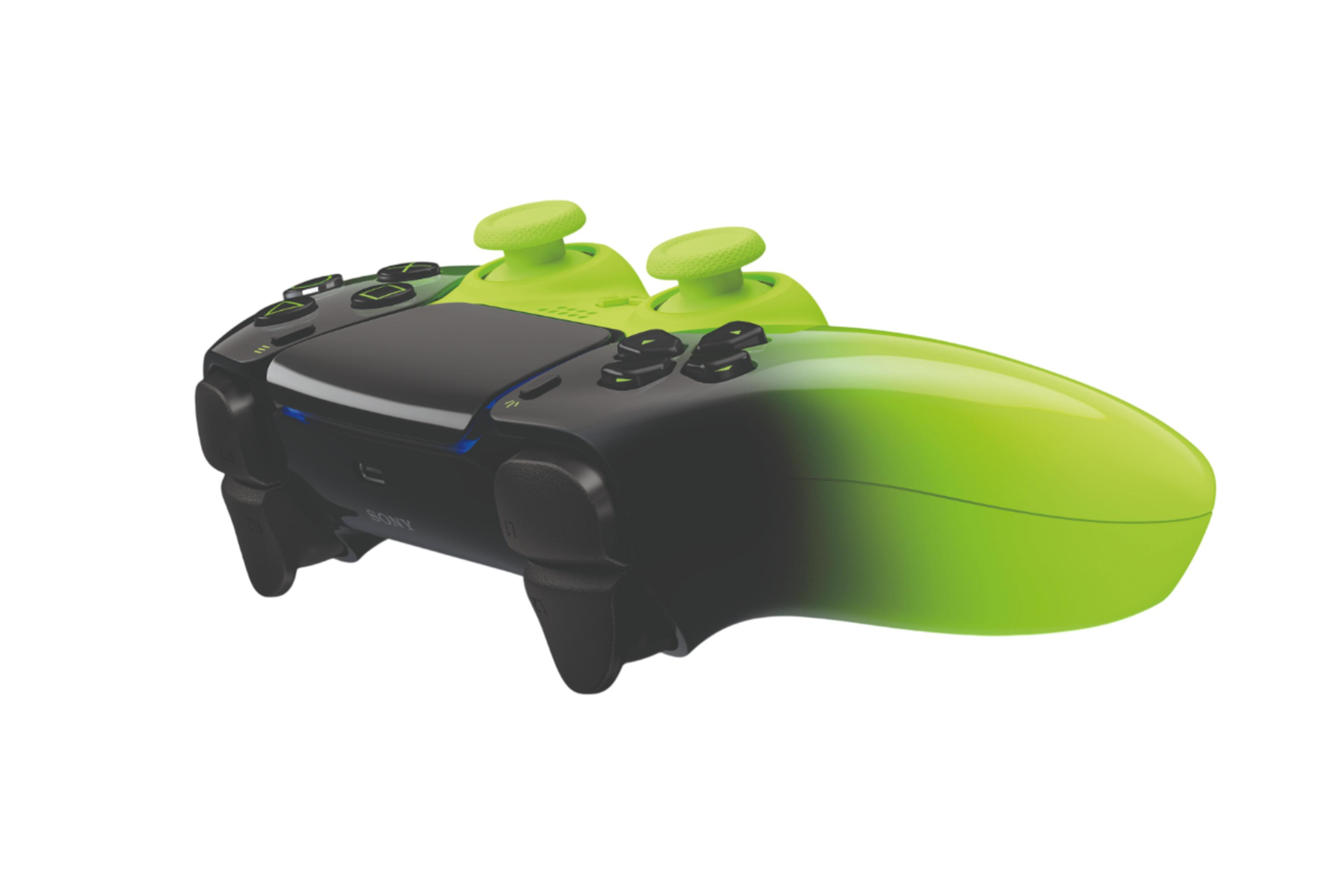 Controller nero con accenti verde neon e sfumatura.