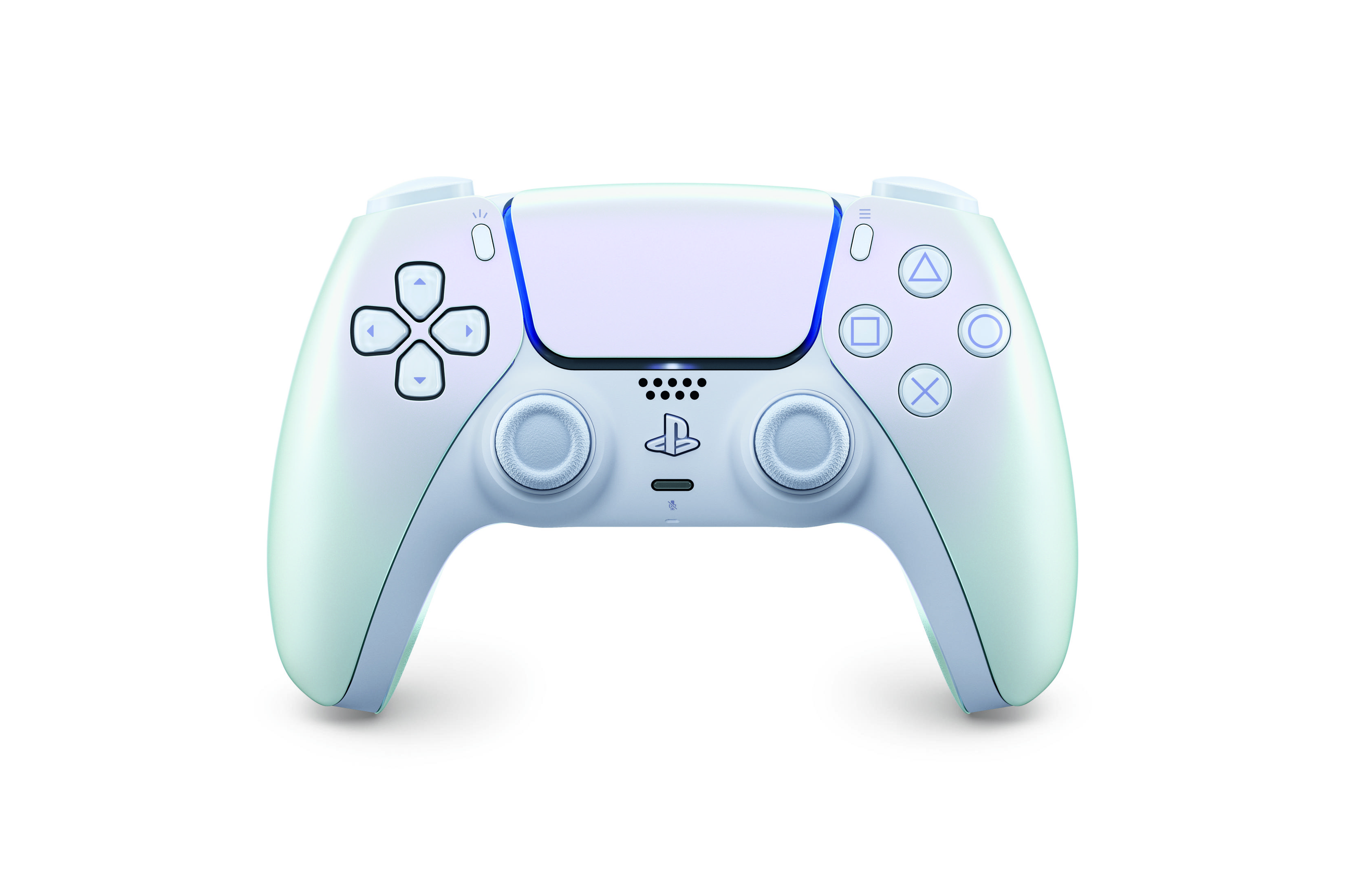 Un controller bianco PlayStation 5 con accenti blu e pulsanti a simbolo.