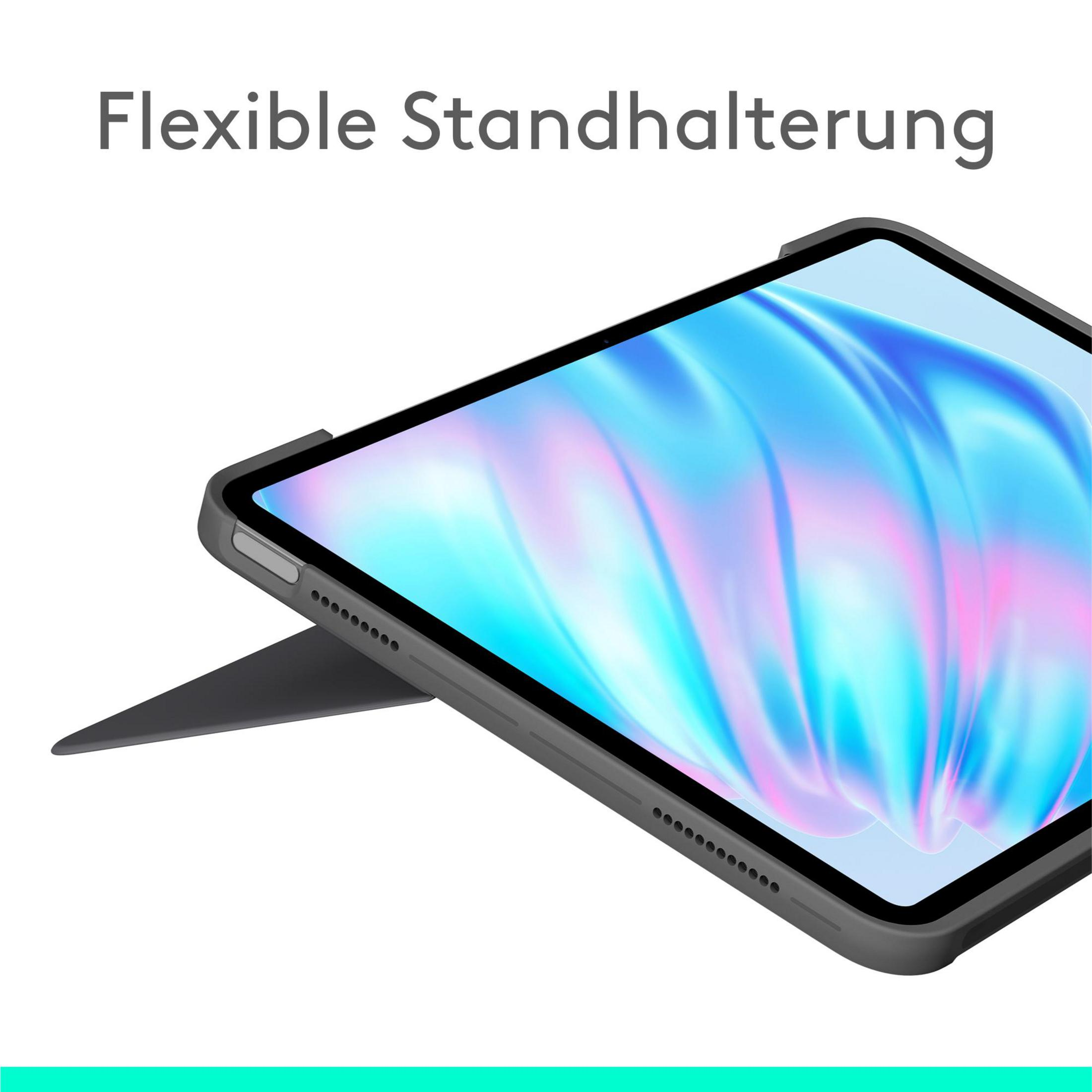 Una tableta gris con un soporte flexible desplegado en un lado.