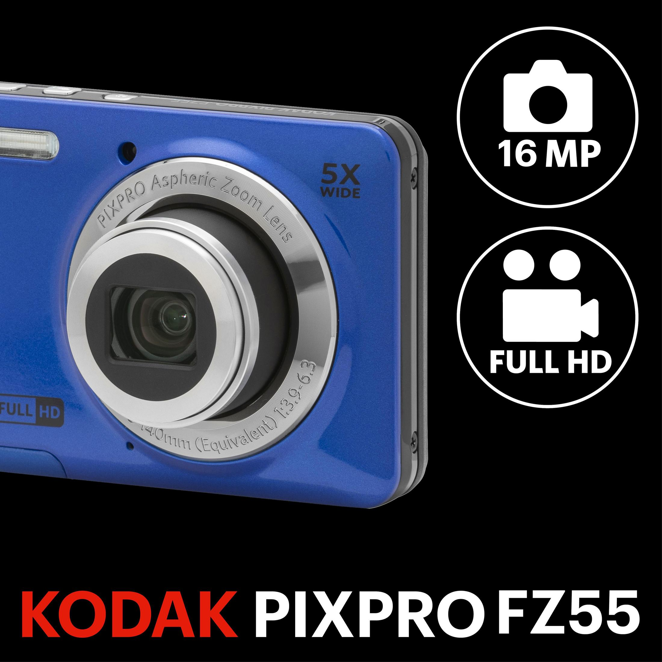 Cámara Kodak Pixpro FZ55 azul con lente de zoom 5x, 16MP, Full HD. Iconos muestran cámara y video.