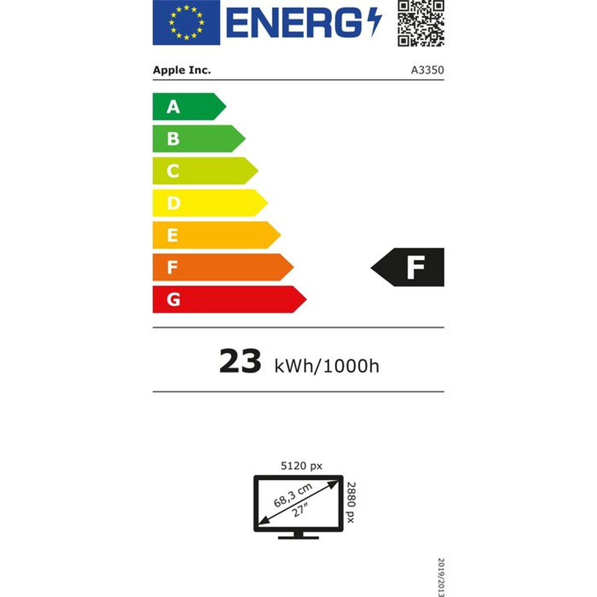 Etichetta energetica Apple Inc. con scala A-G, efficienza F, 23 kWh/1000h.