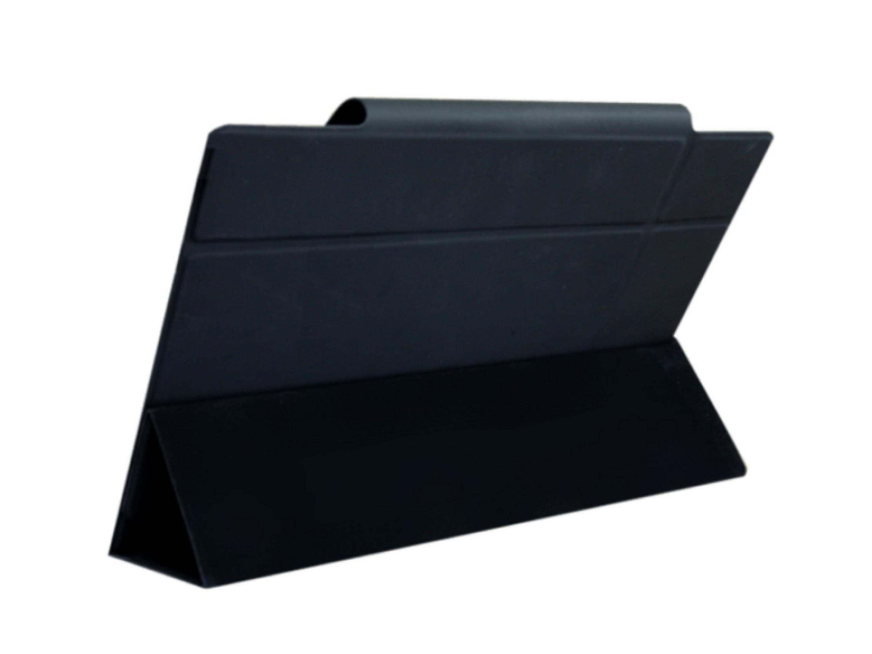 Soporte negro para tableta con cubierta plegada y triangular.