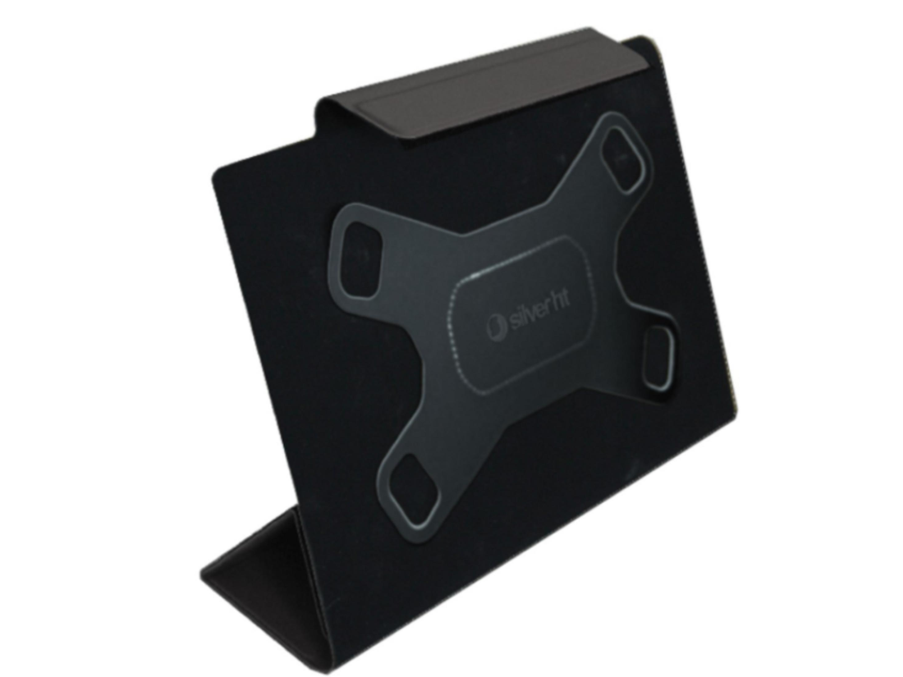 Un soporte negro para tableta con un logo plateado en la parte posterior.