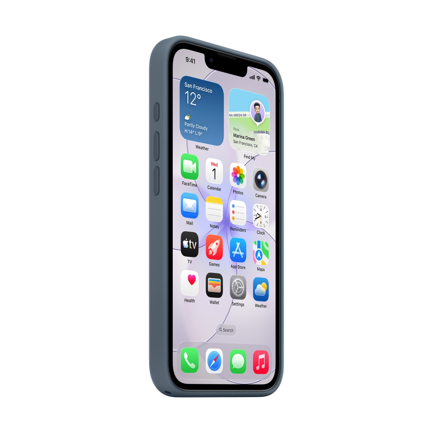 Ein blaues iPhone zeigt seinen Startbildschirm mit Apps wie Wetter, Kalender, Fotos und Kamera.