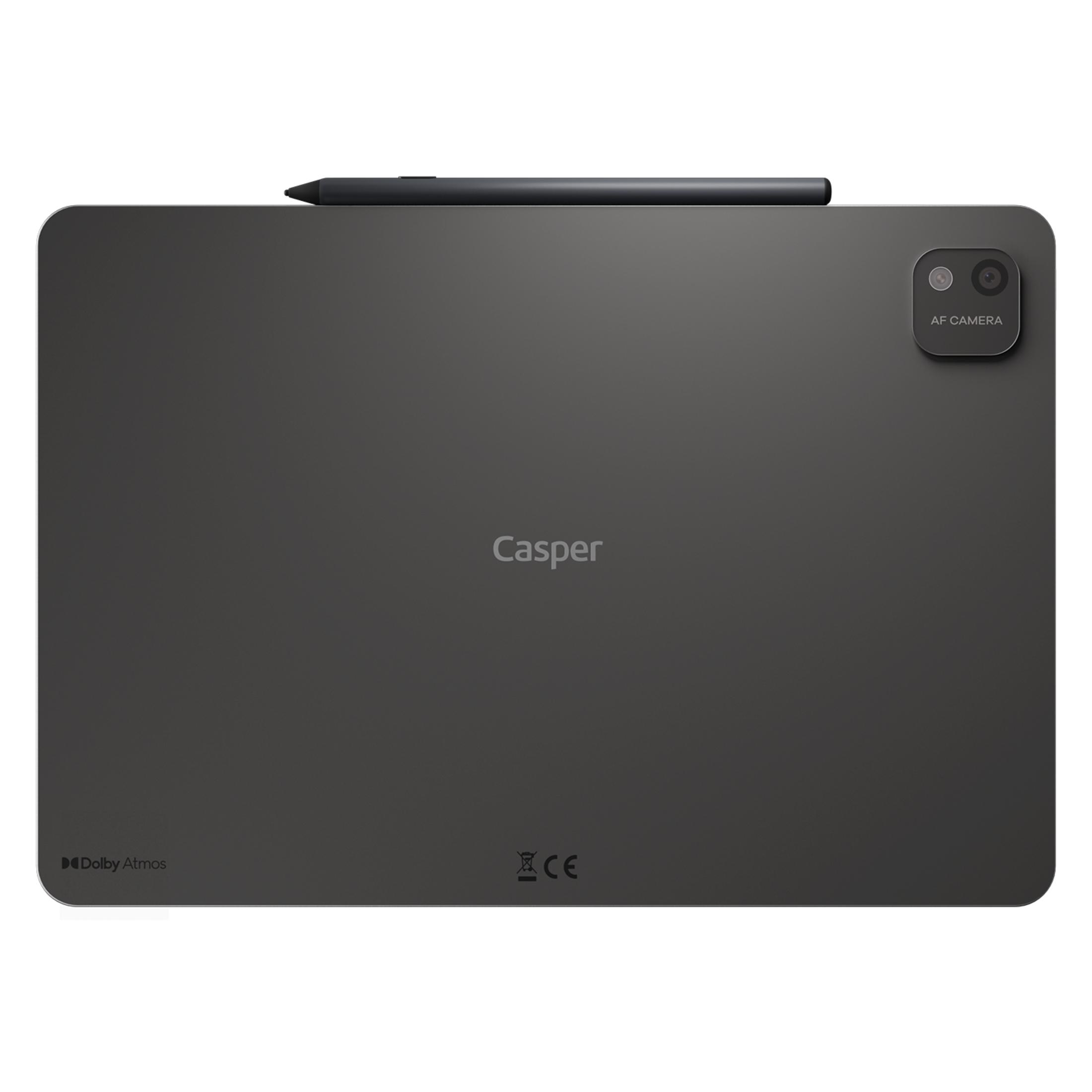 Kalem ve kamera bulunan koyu gri tablet. Casper logosu ve Dolby Atmos yazısı.