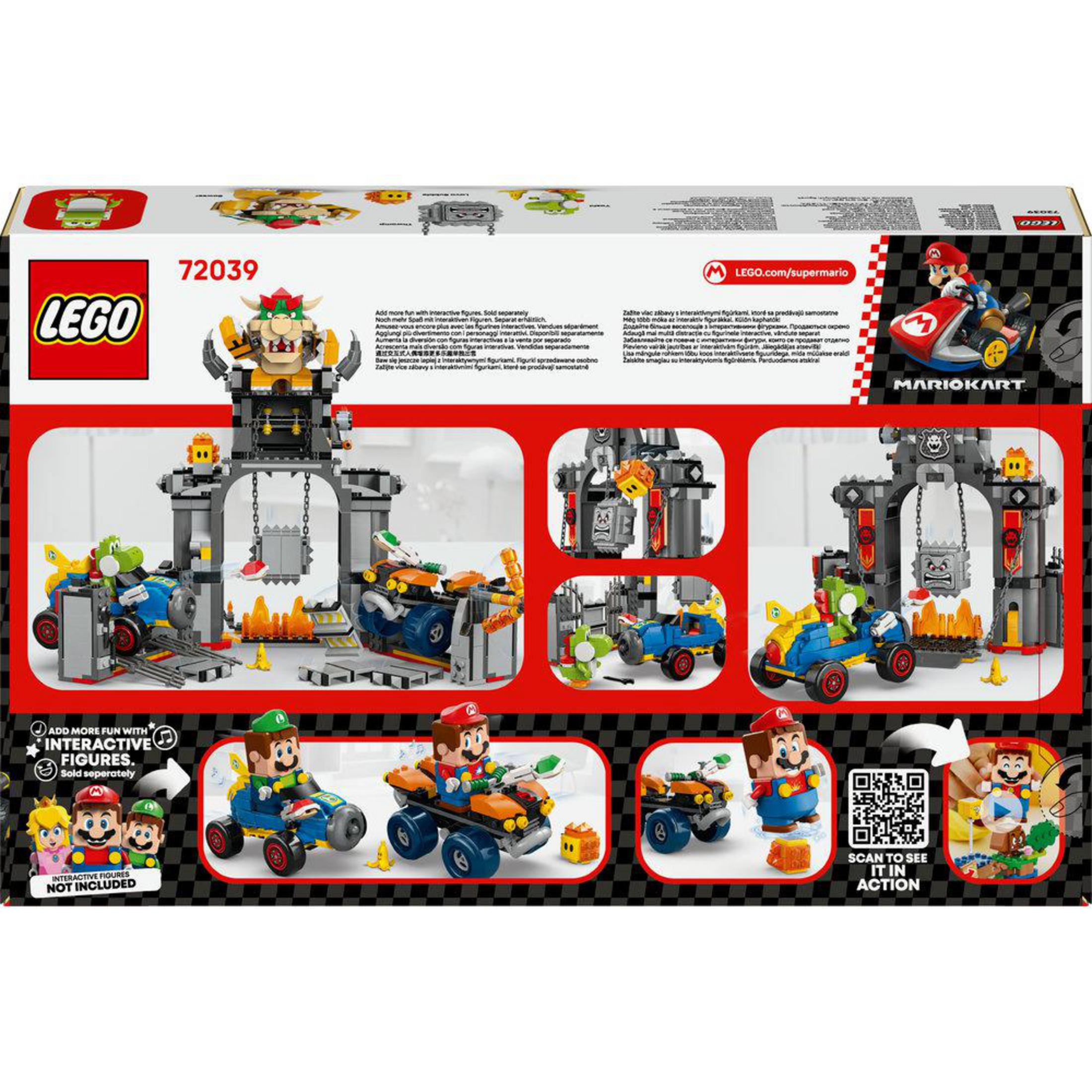 Set LEGO Super Mario Kart con castillo de Bowser, vehículos y figuras.