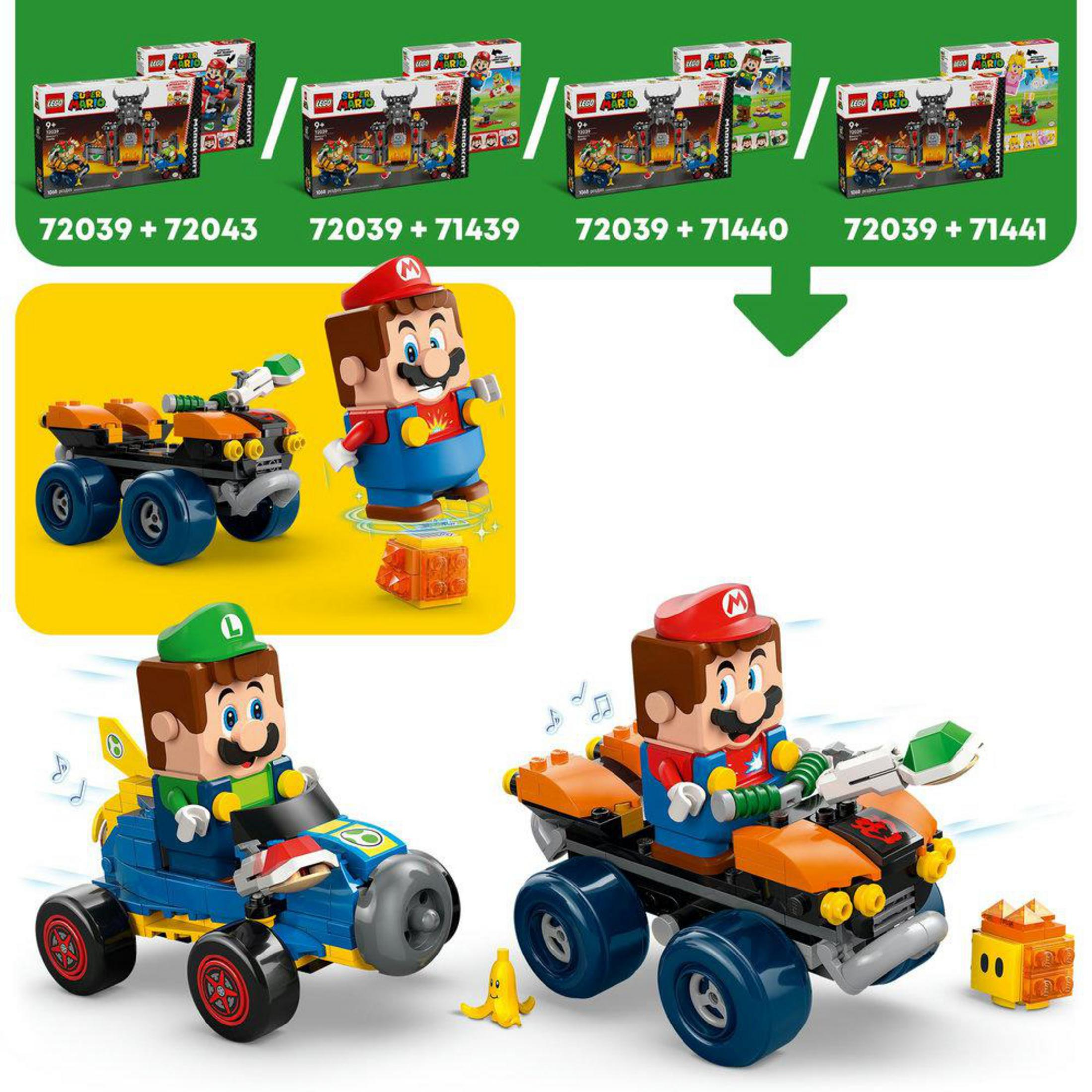 Coches de juguete Lego de Mario y Luigi con accesorios sobre fondo blanco.