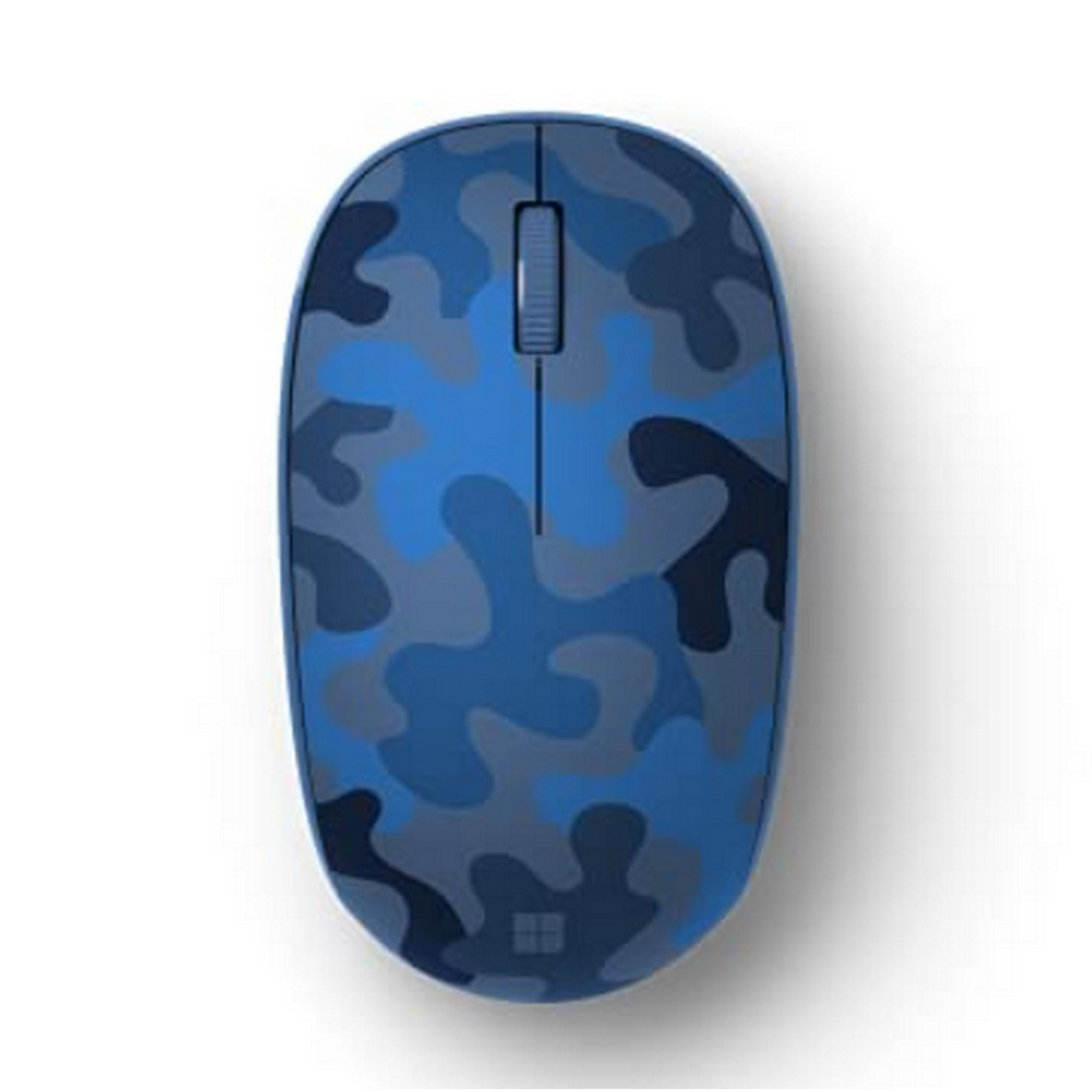 Un mouse mimetico blu con rotellina di scorrimento e logo Microsoft.