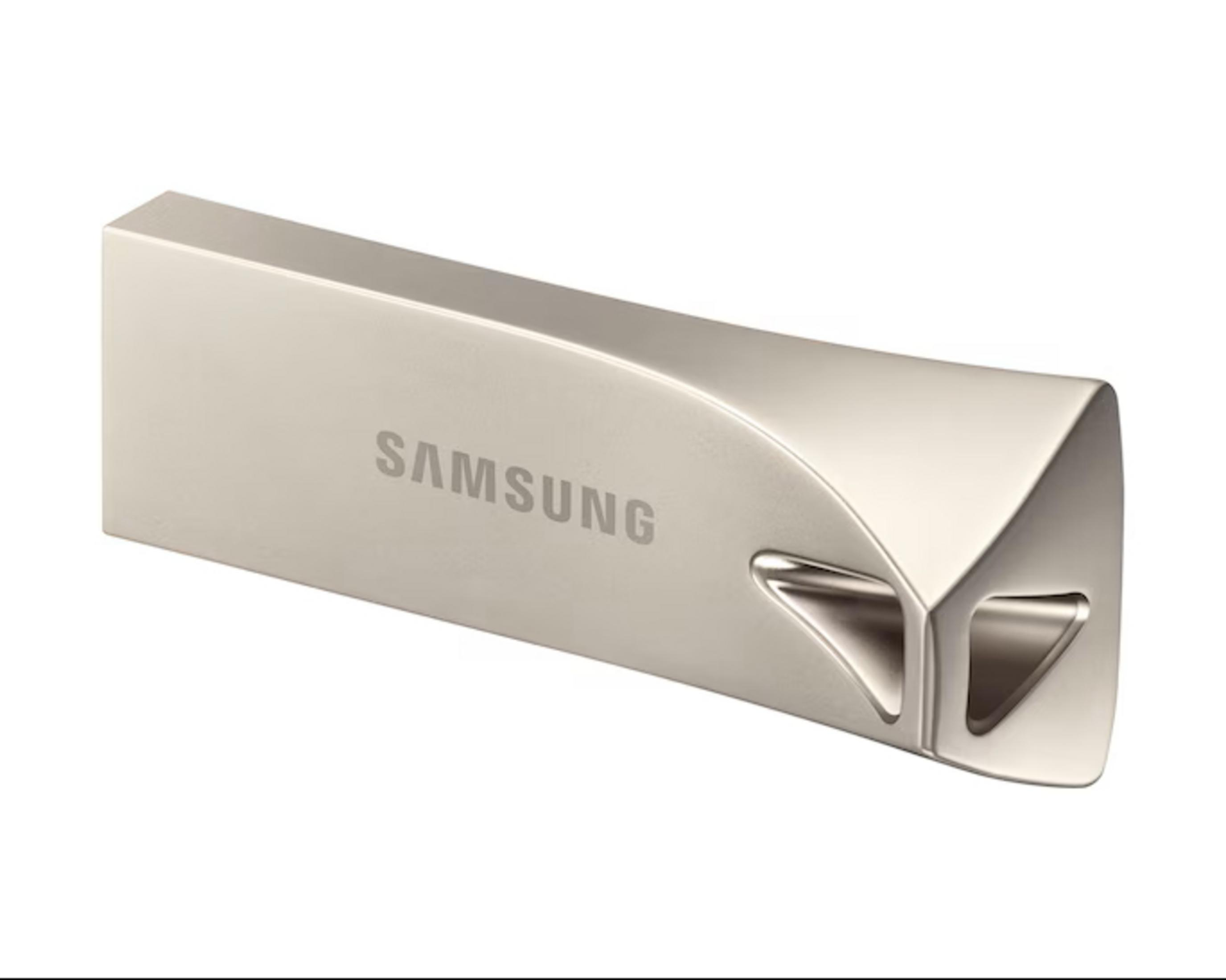 Unità USB Samsung argentata con finitura opaca e un foro all'estremità.