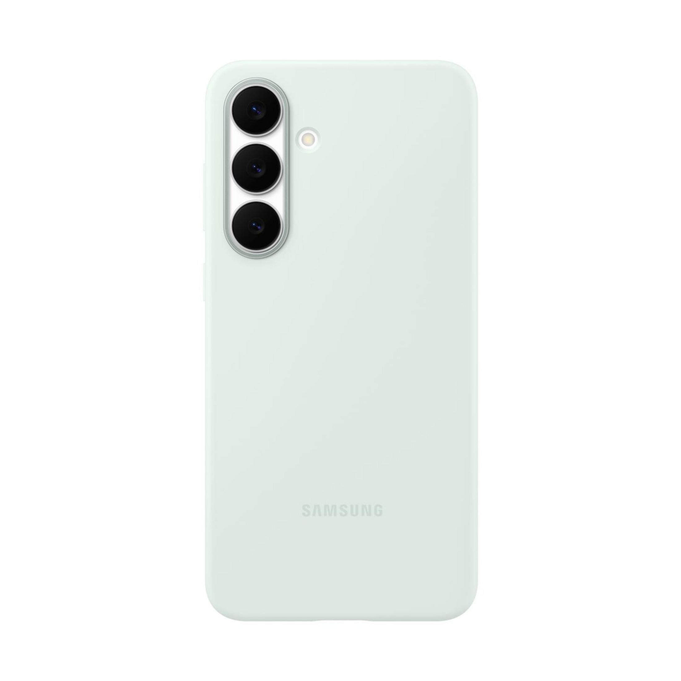 Custodia per telefono verde chiaro con tre obiettivi e logo Samsung.