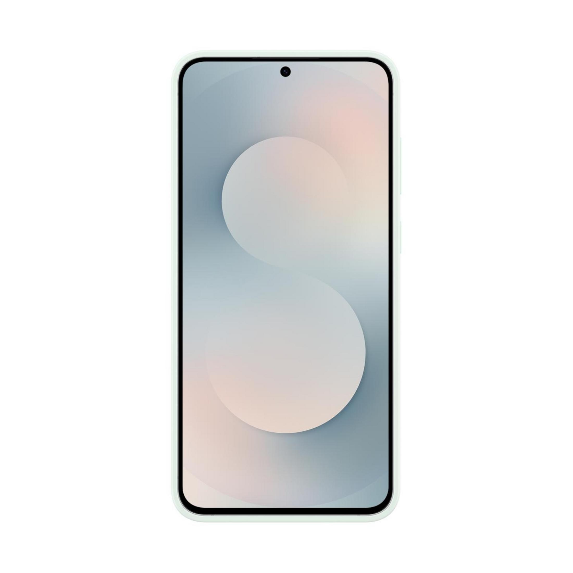 Uno smartphone verde chiaro con uno sfondo minimalista.