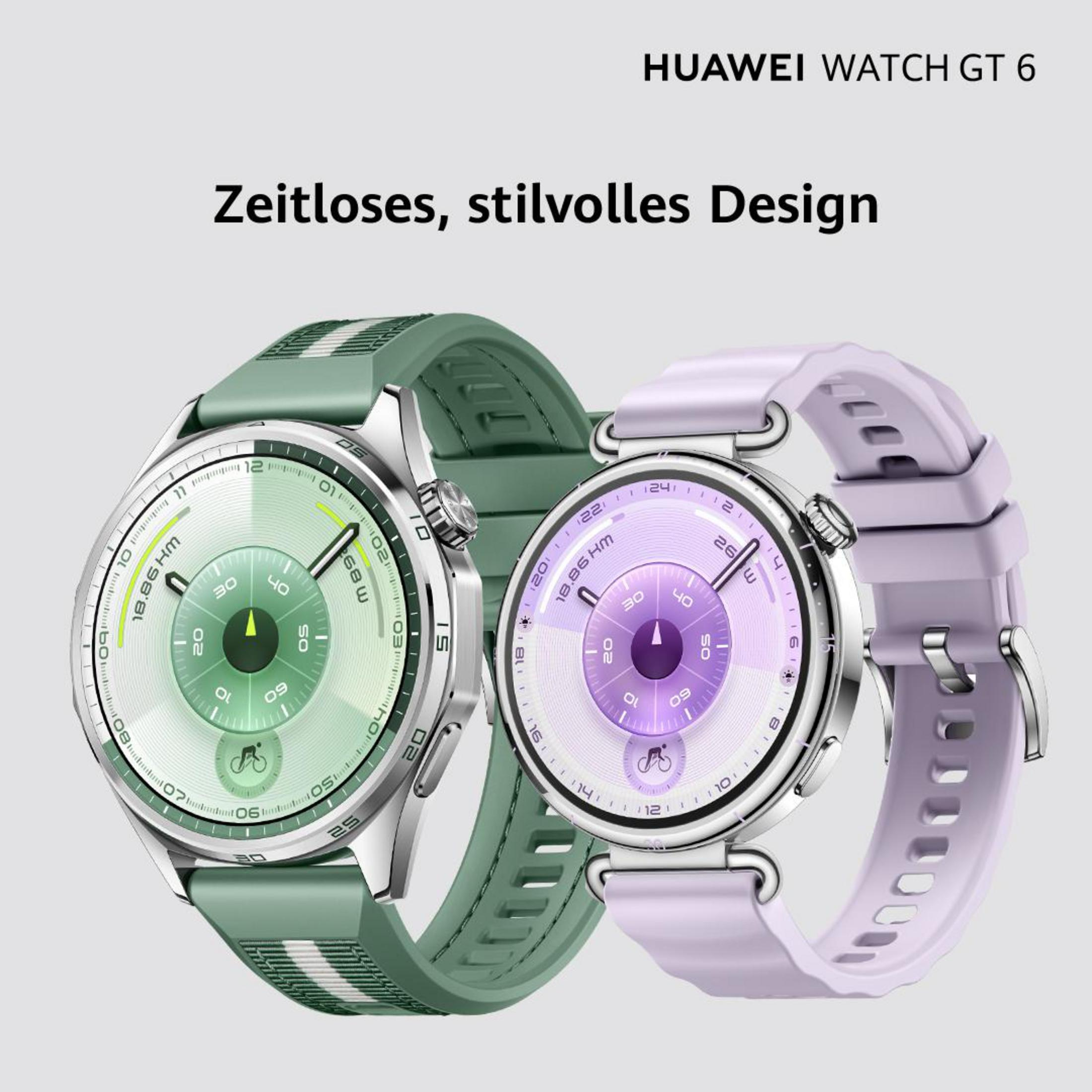 Due orologi Huawei Watch GT 6, uno verde, uno viola, dal design elegante.