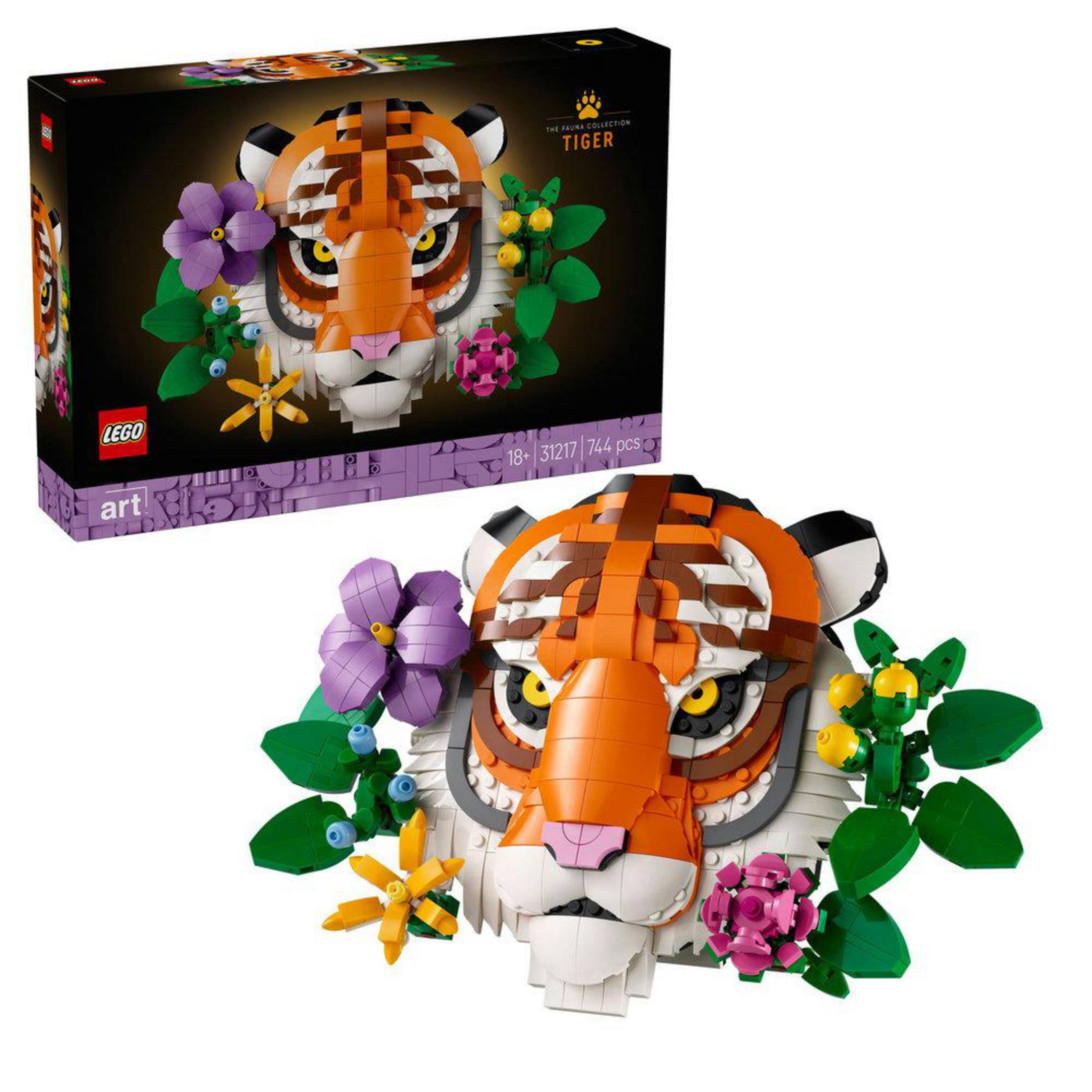 Lego Art Tygrys: Tygrysia twarz zbudowana z klocków, z kwiatami i liśćmi.