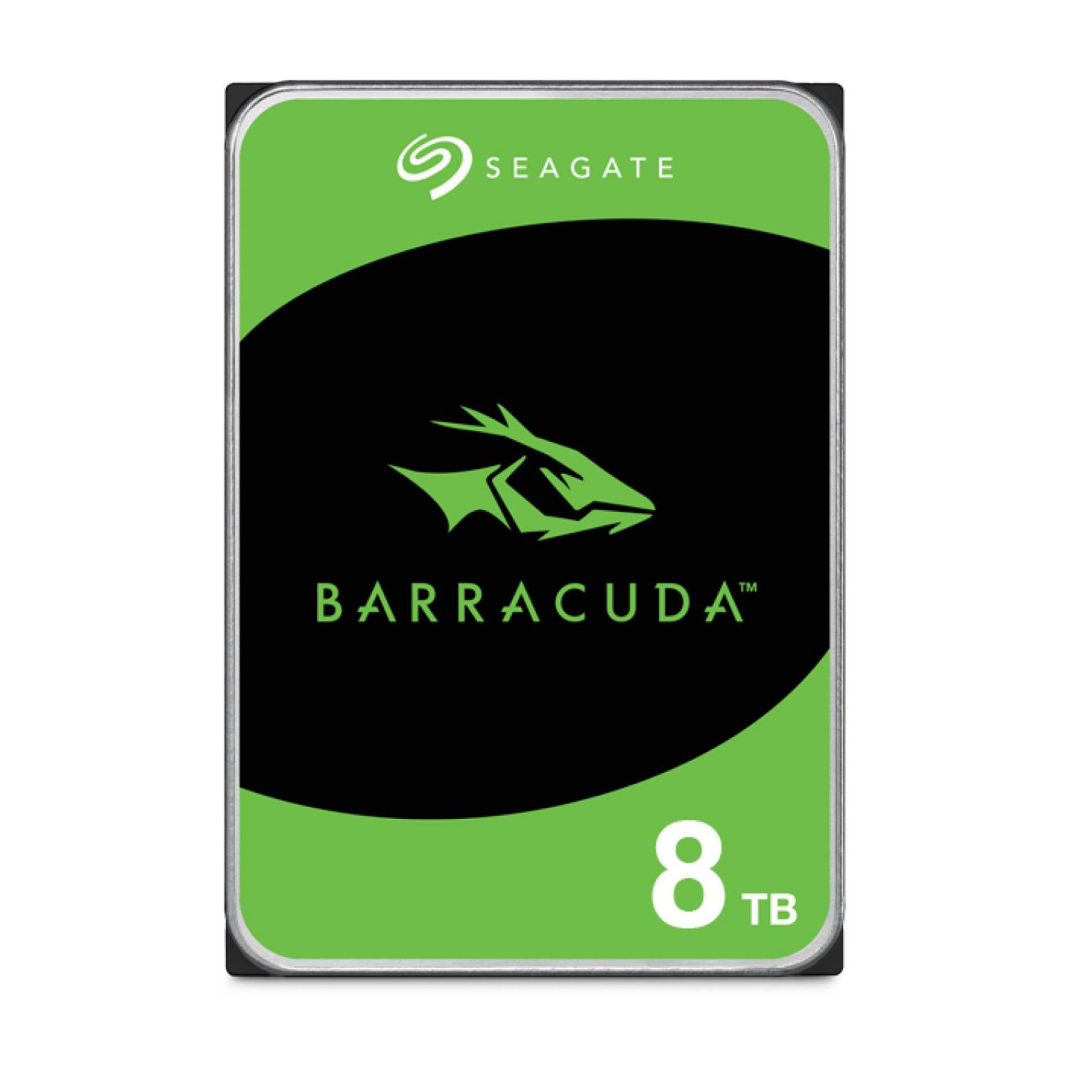 Hard disk interno Seagate Barracuda da 8TB con design verde e nero.