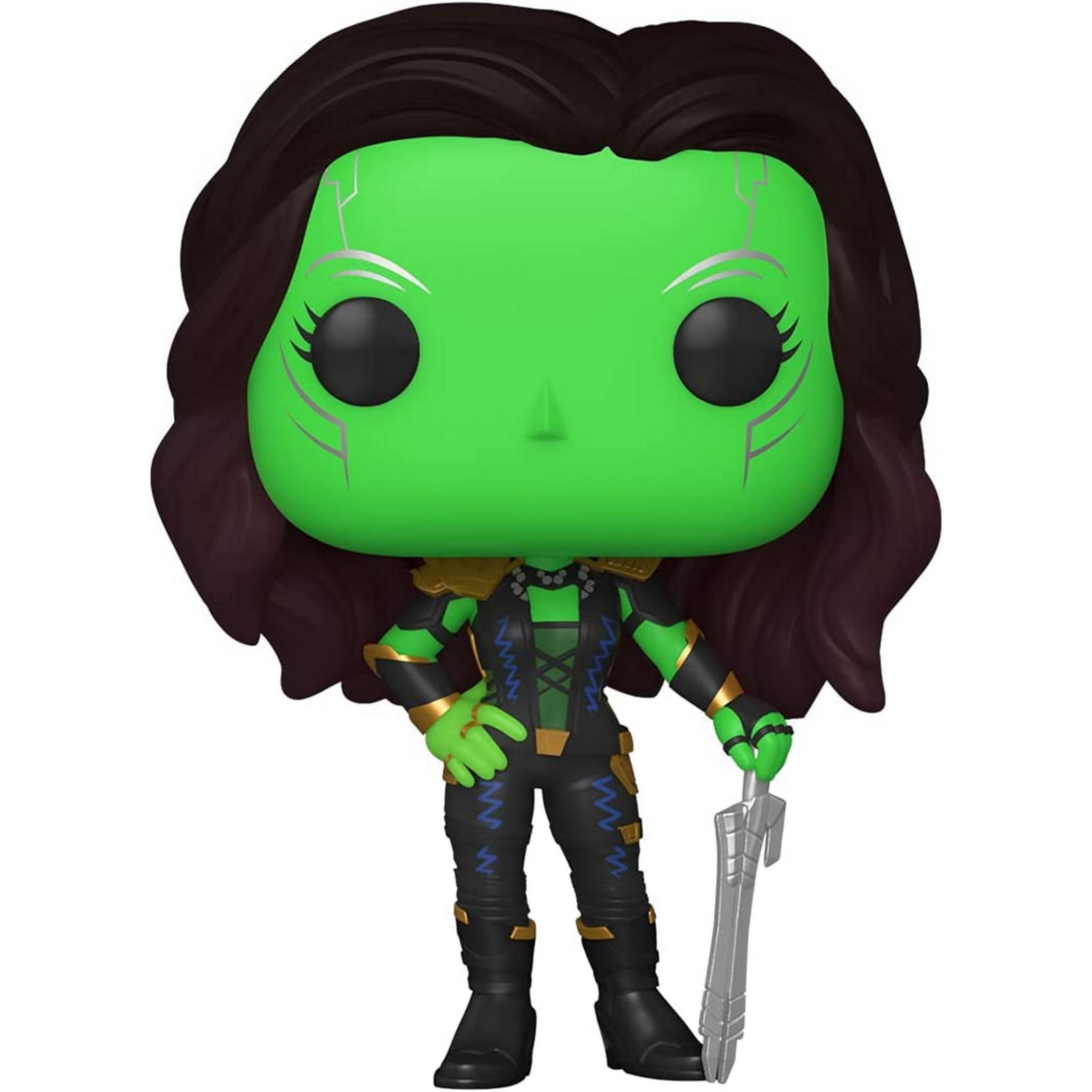 Action figure Funko Pop di Gamora con pelle verde, capelli neri e spada.